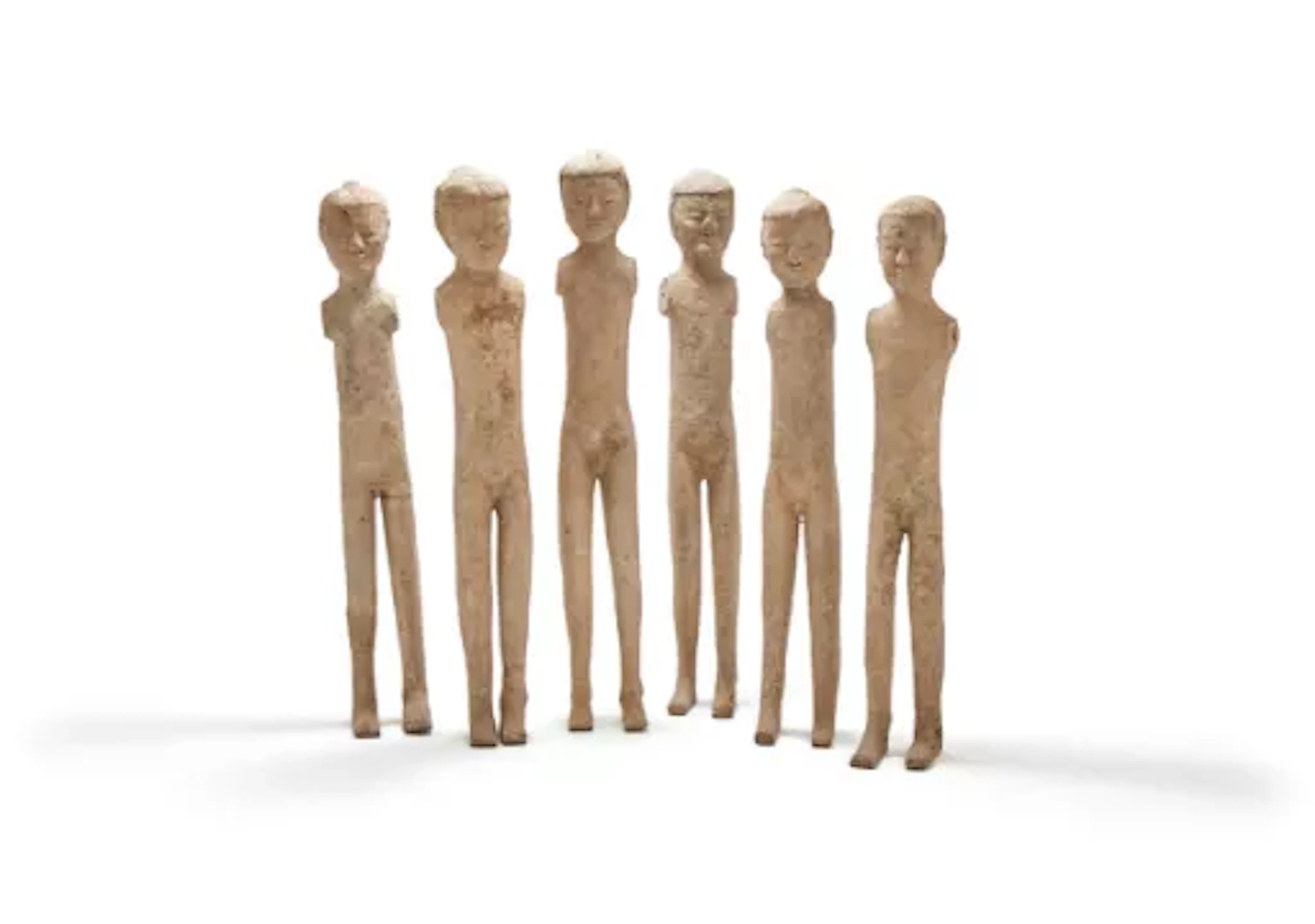 Six Chinese pottery stick man figures, Han dynasty (206 BC-220 AD)