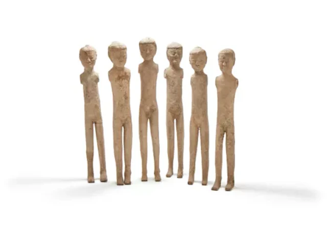 Six Chinese pottery stick man figures, Han dynasty (206 BC-220 AD)