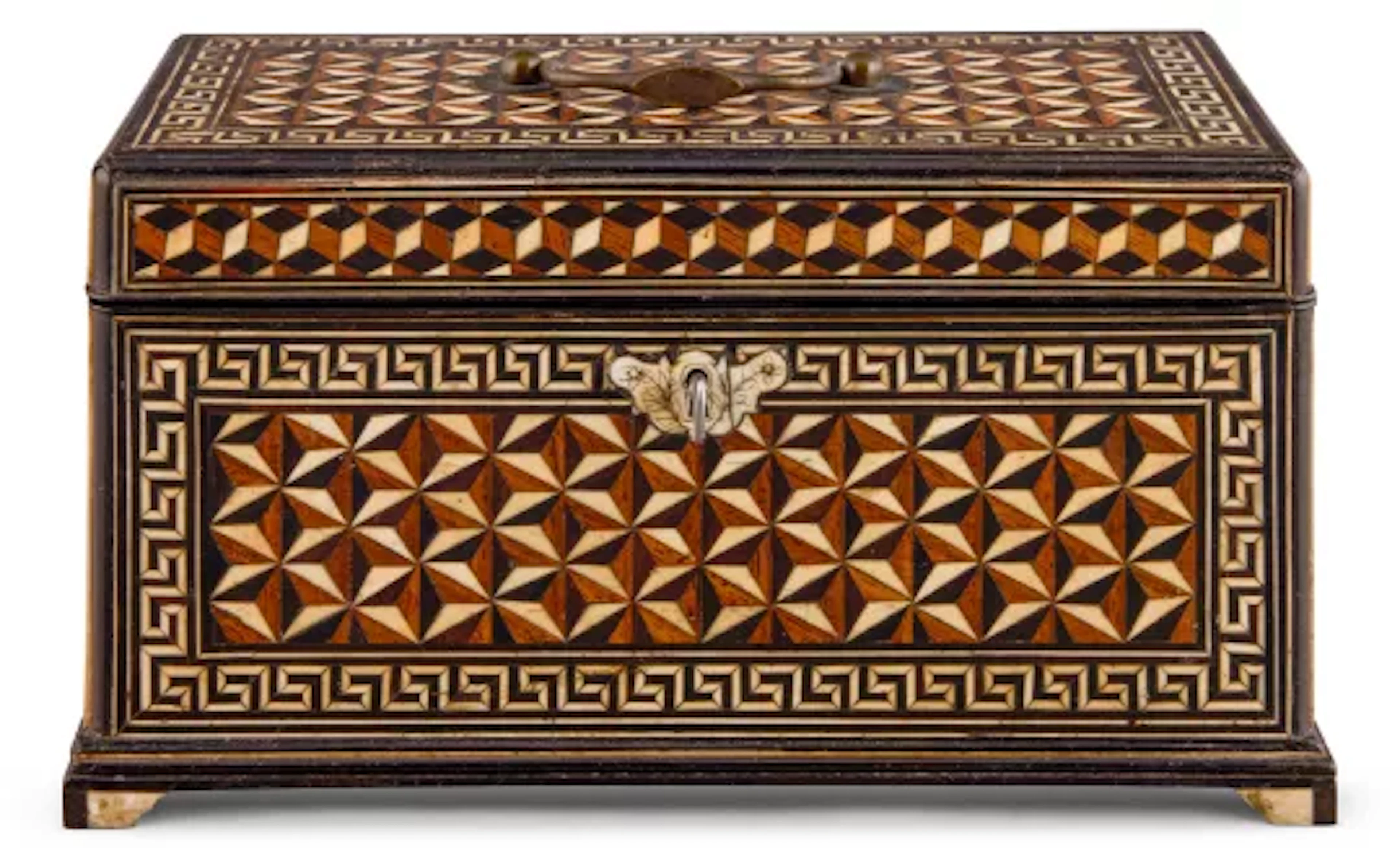 Y AN INDIAN INLAID EBONY & IVORY PARQUETRY TEA CADDY