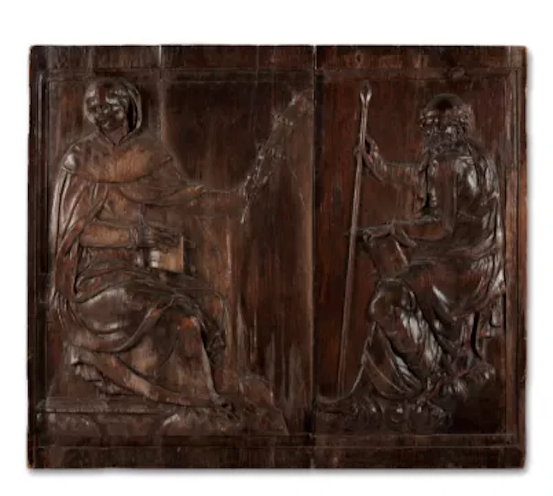A CARVED WOOD RELIEF DEPICTING SAINTS GREGORY AND MATTHEW, SPANISH