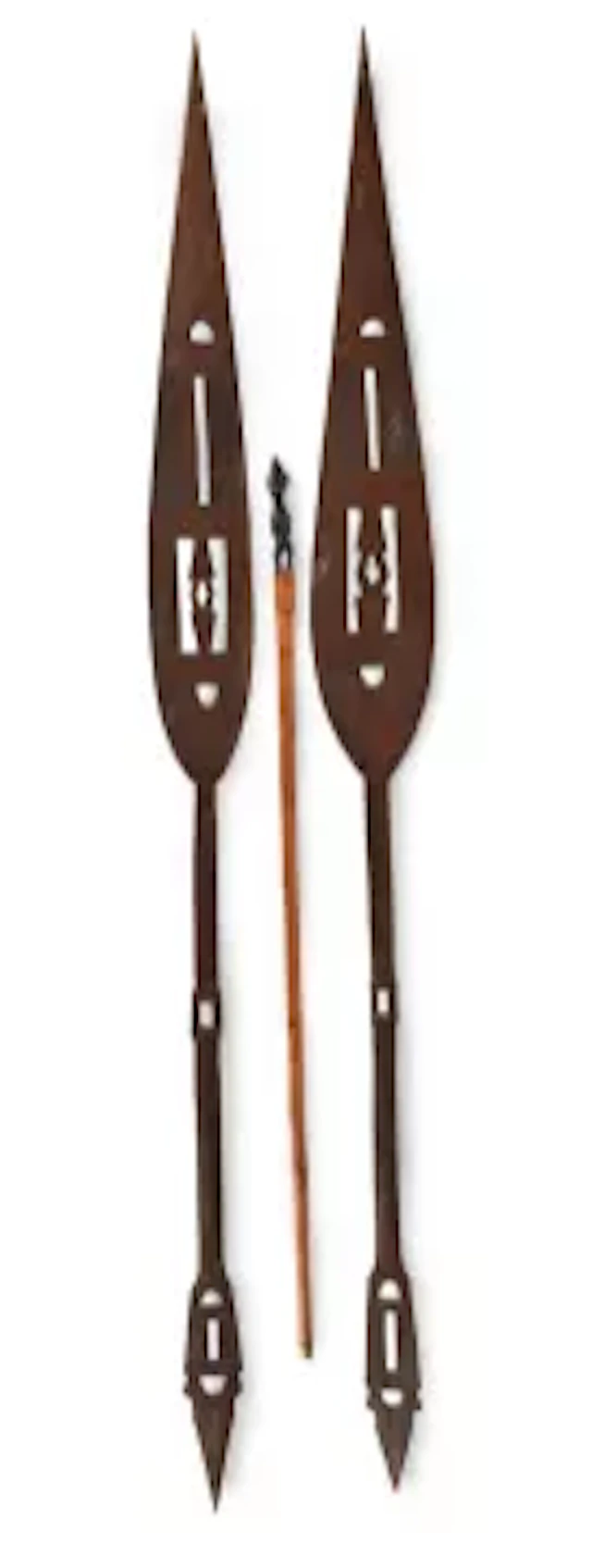 A PAIR OF AFRICAN CEREMONIAL CARVED WOOD PADDLES, 20TH CENTURY