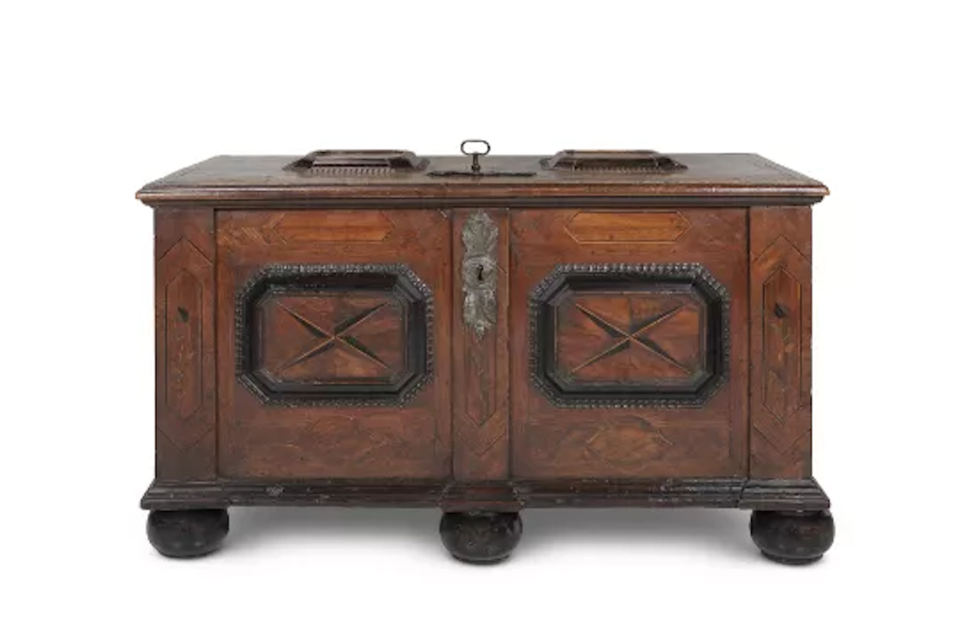 A WALNUT, EBONISED AND MARQUETRY COFFER, ITALIAN, 18TH CENTURY