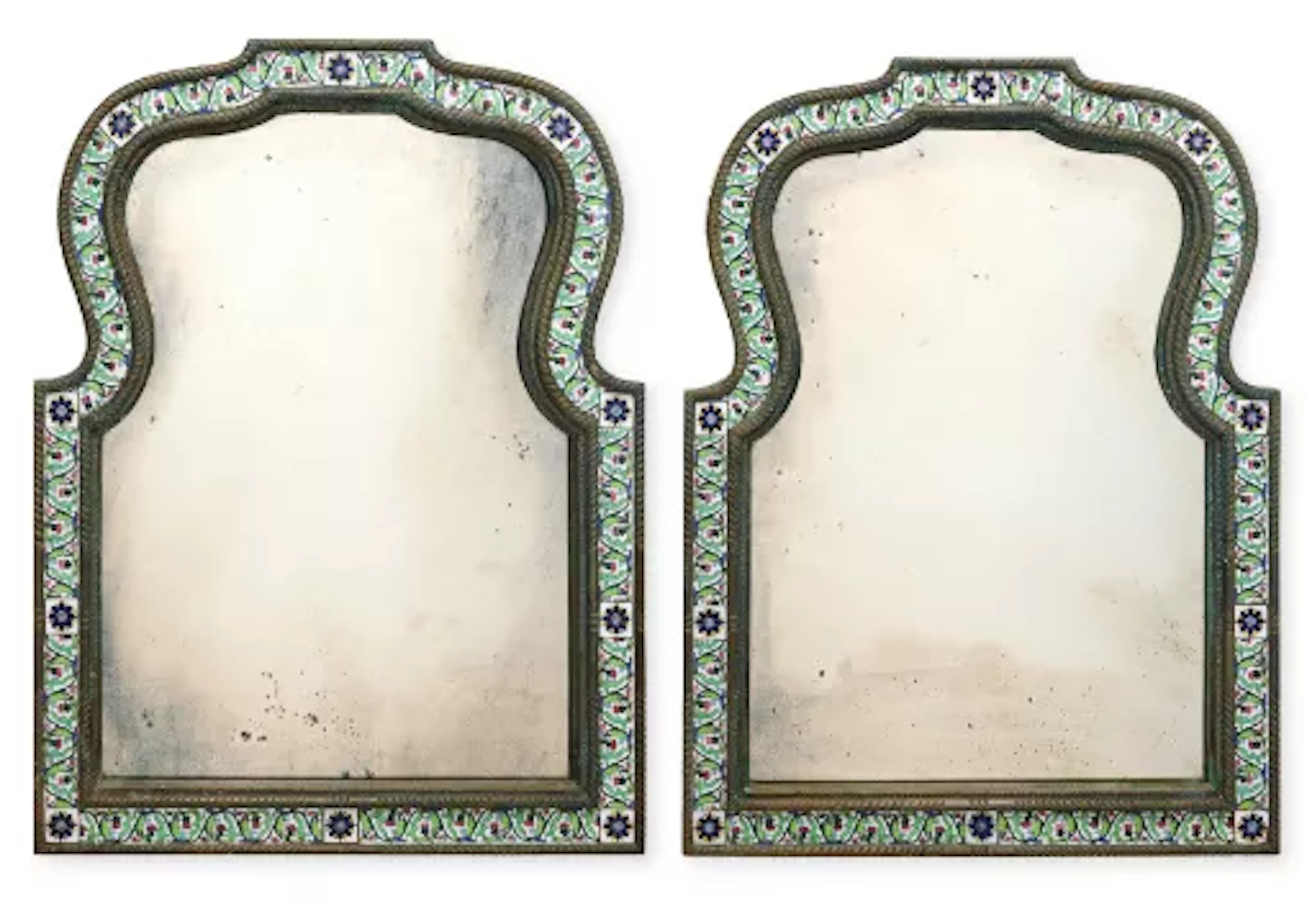 A PAIR OF BRASS AND POLYCHROME ENAMEL DECORATED MIRRORS, INDIAN, LATE