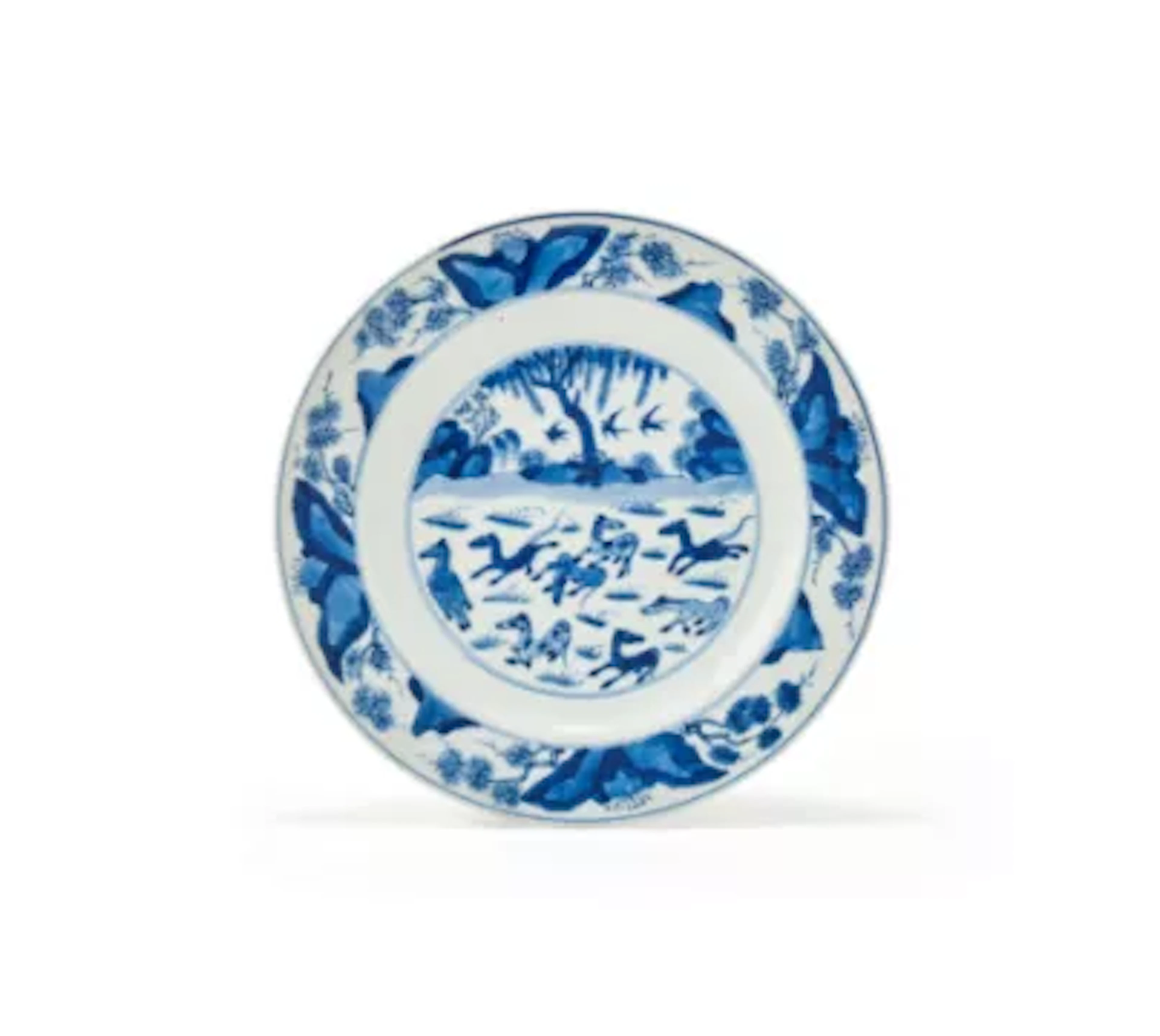 A Chinese blue and white 'Eight Horses of Muwang' plate, Qing dynasty