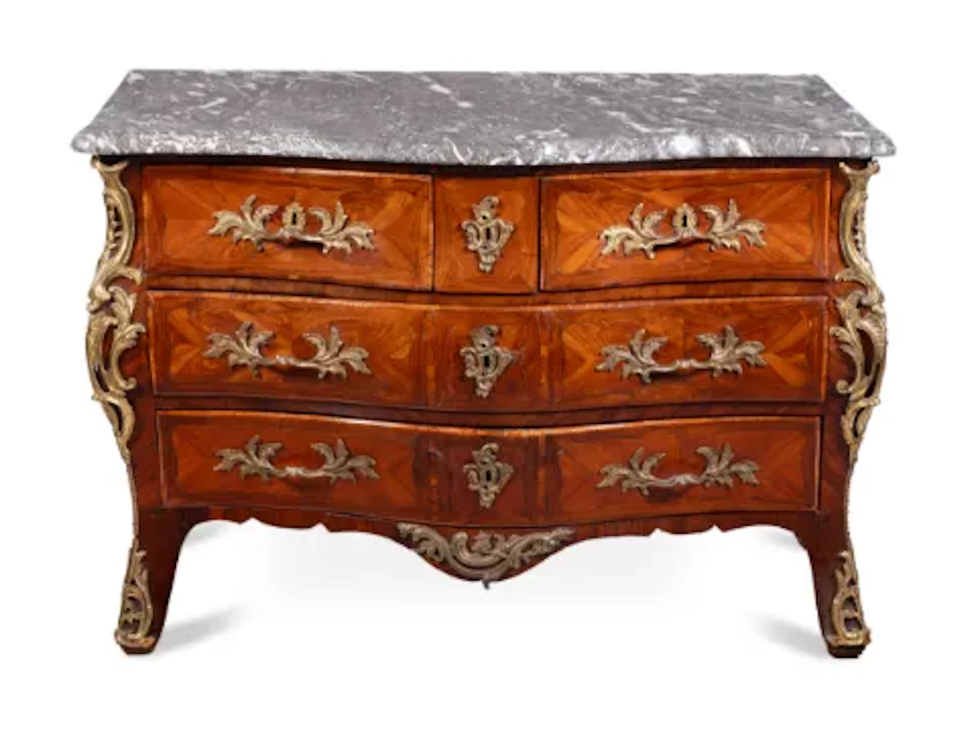Y A LOUIS XV MARBLE TOPPED KINGWOOD, TULIPWOOD, GILT-METAL MOUNTED