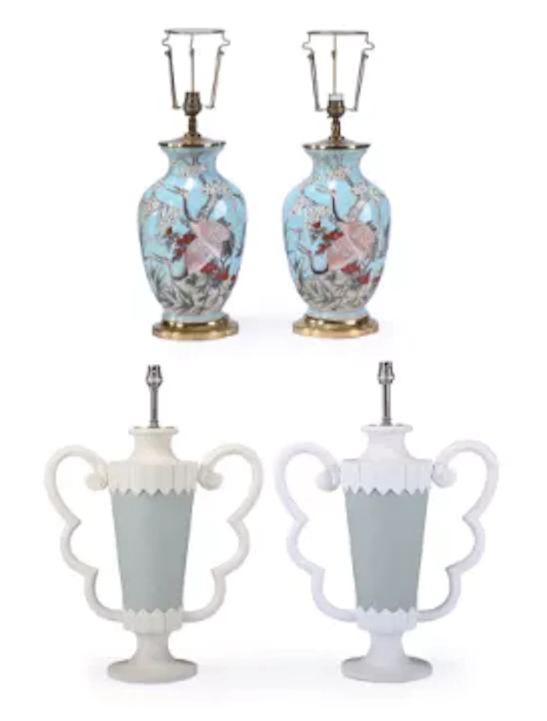 A PAIR OF PAINTED TWO HANDLED LAMPS, MODERN, WITH TWO JAPANESE-STYLE LAMPS