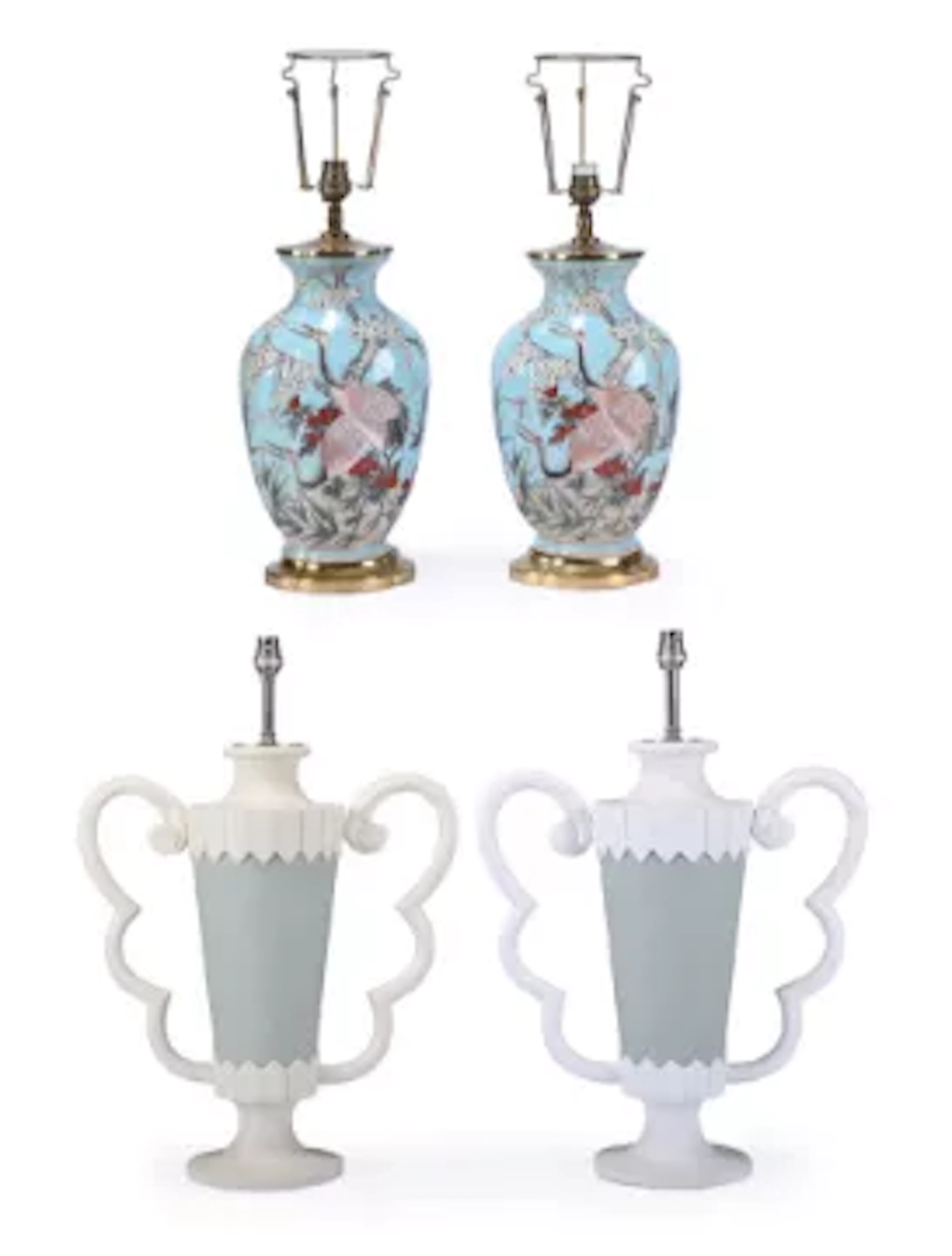 A PAIR OF PAINTED TWO HANDLED LAMPS, MODERN, WITH TWO JAPANESE-STYLE LAMPS