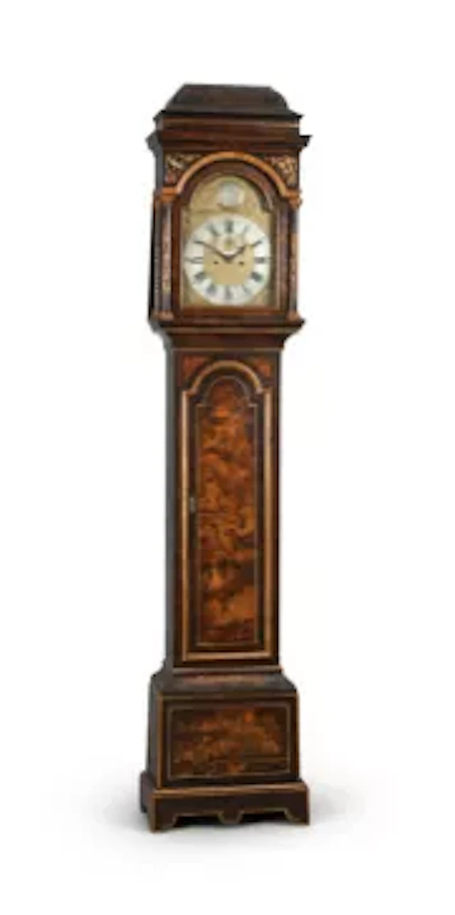 A GEORGE III TORTOISESHELL CHINOISERIE JAPANNED EIGHT-DAY LONGCASE CLOCK