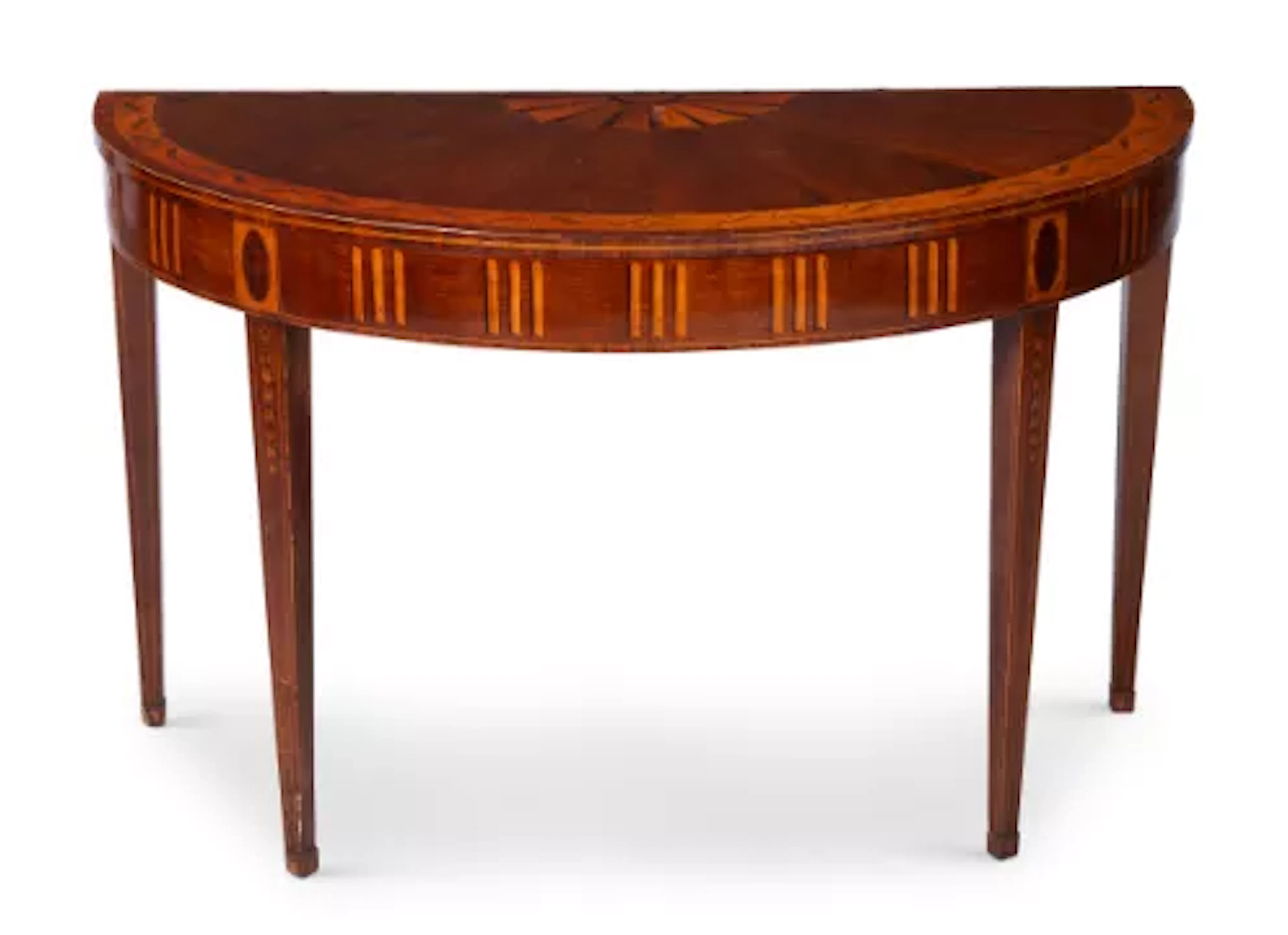 Y A GEORGE III FUSTIC, SATINWOOD AND INLAID DEMI LUNE SIDE TABLE, CIRCA 1790