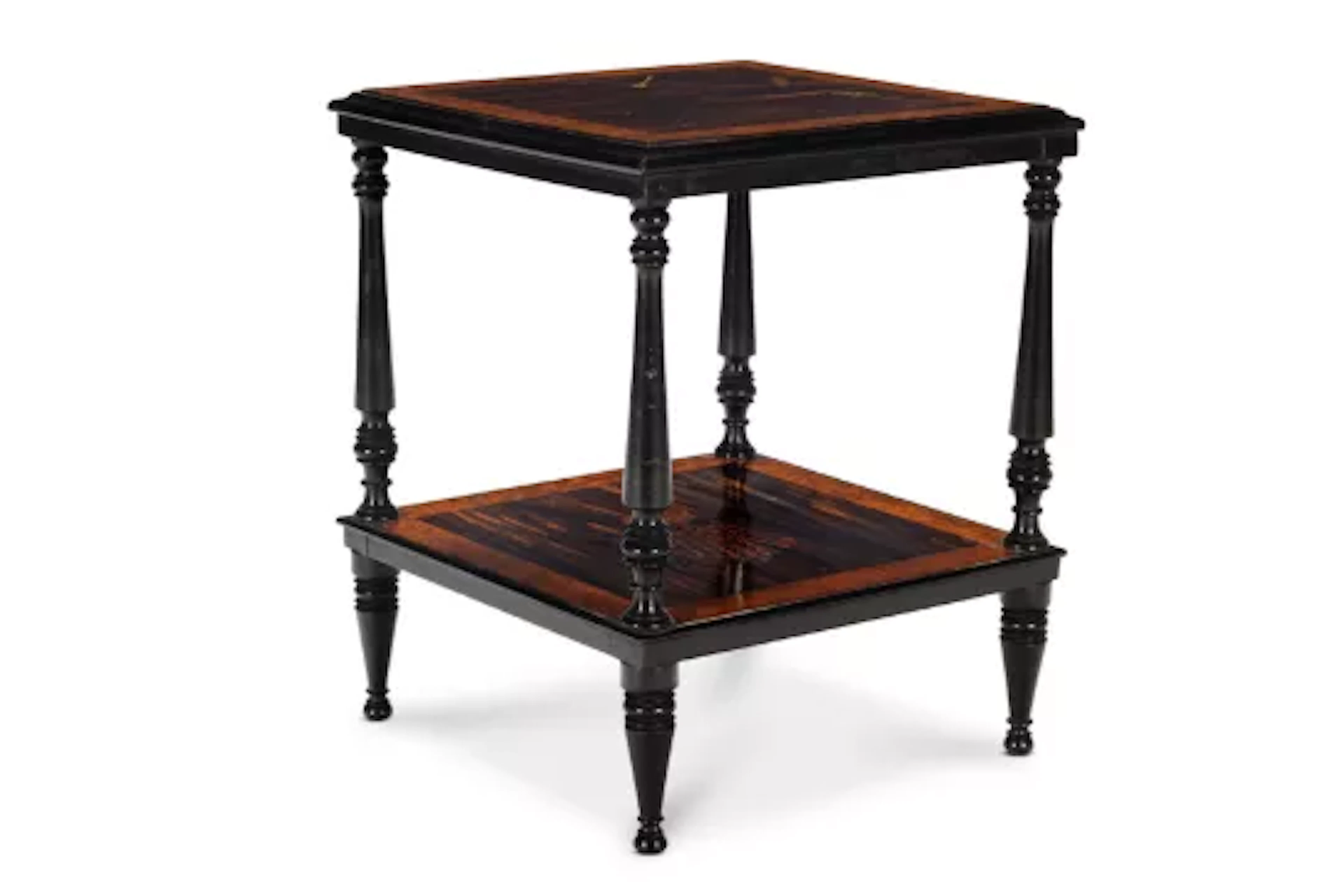 AN AESTHETIC PERIOD CALAMANDER, THUYA-BANDED, EBONISED AND MARQUETRY