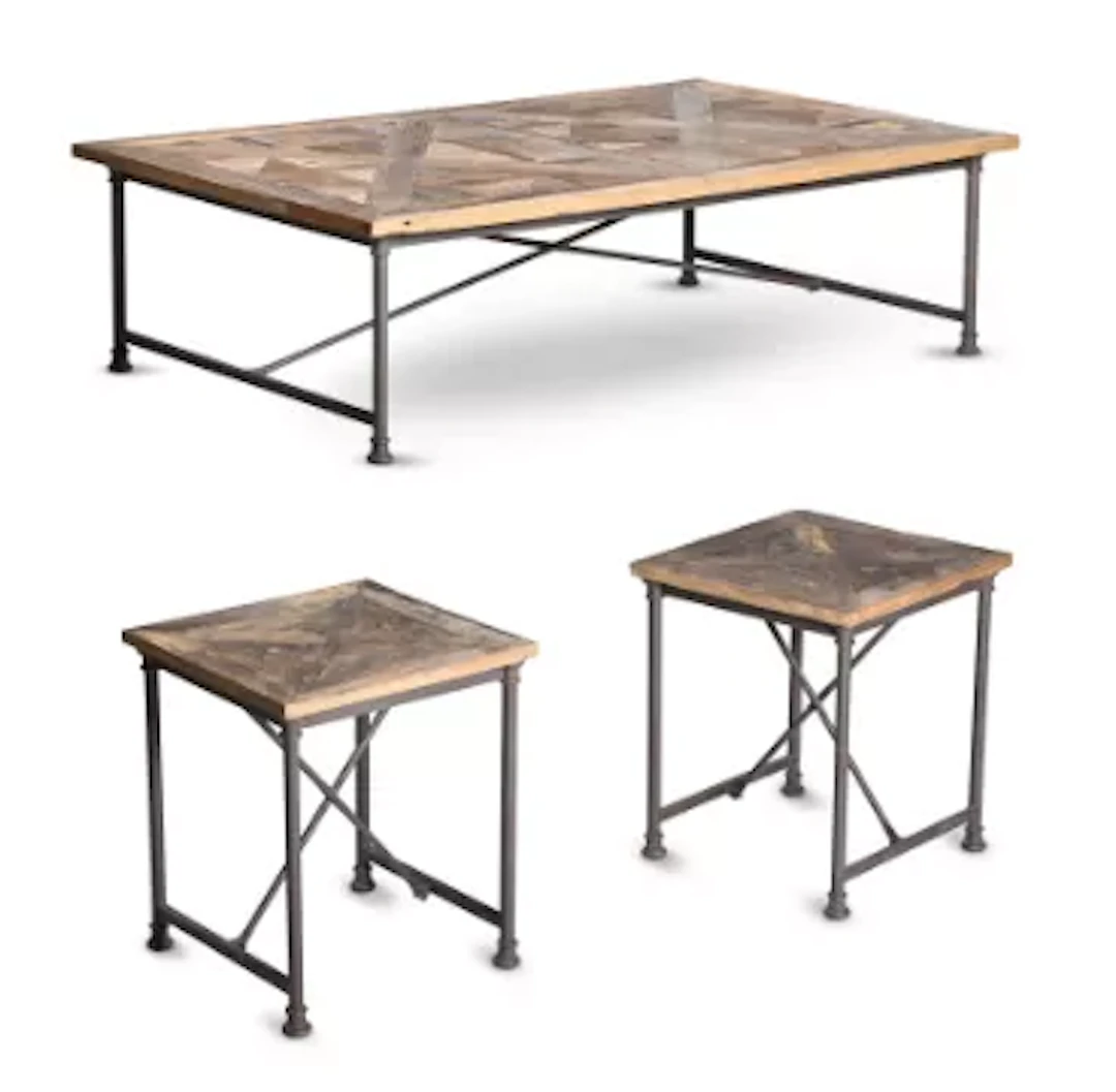 A SUITE OF THREE COFFEE TABLES EACH WITH RUSTIC PARQUETRY TOPS, INDUSTRIAL
