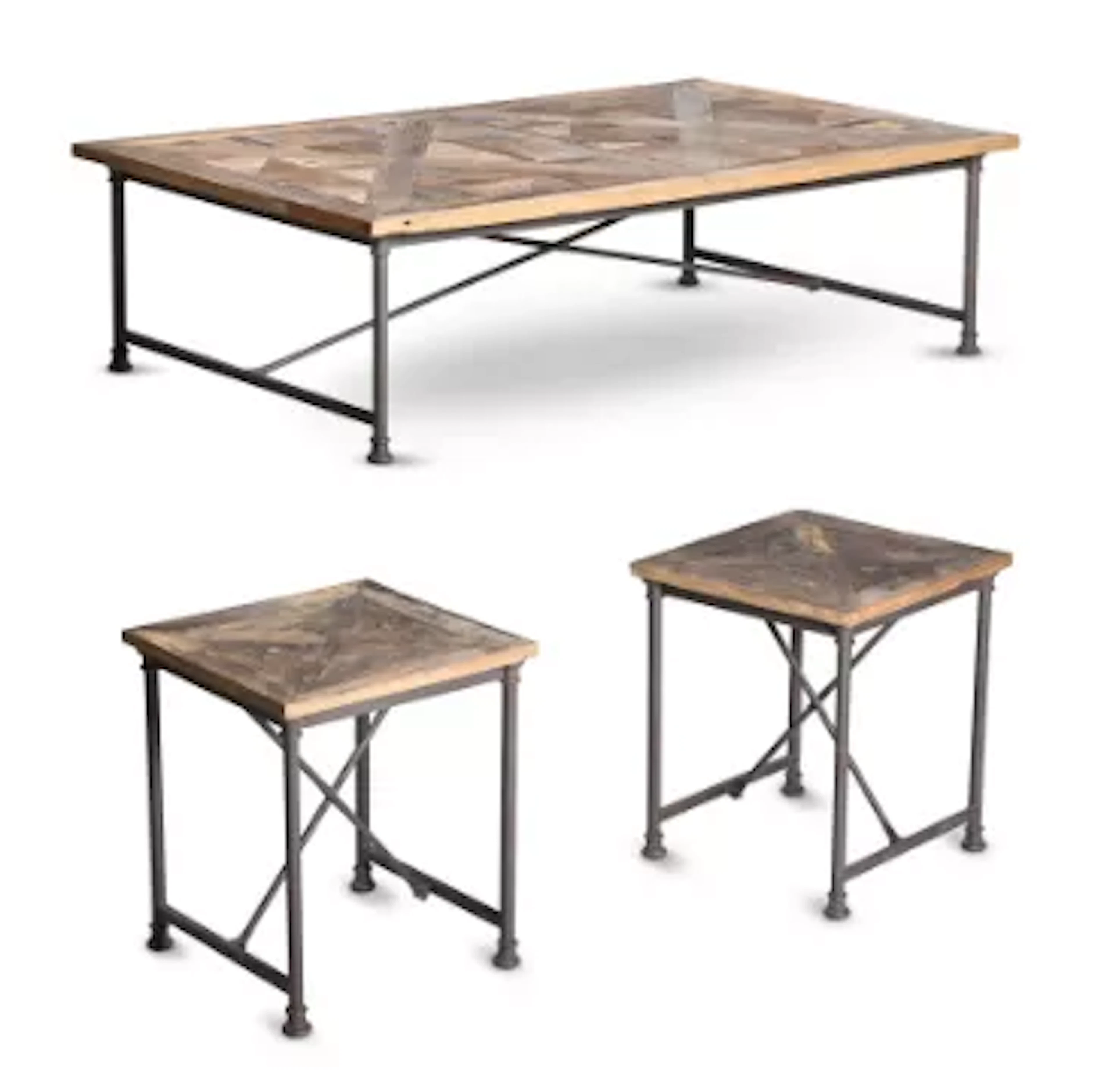 A SUITE OF THREE COFFEE TABLES EACH WITH RUSTIC PARQUETRY TOPS, INDUSTRIAL