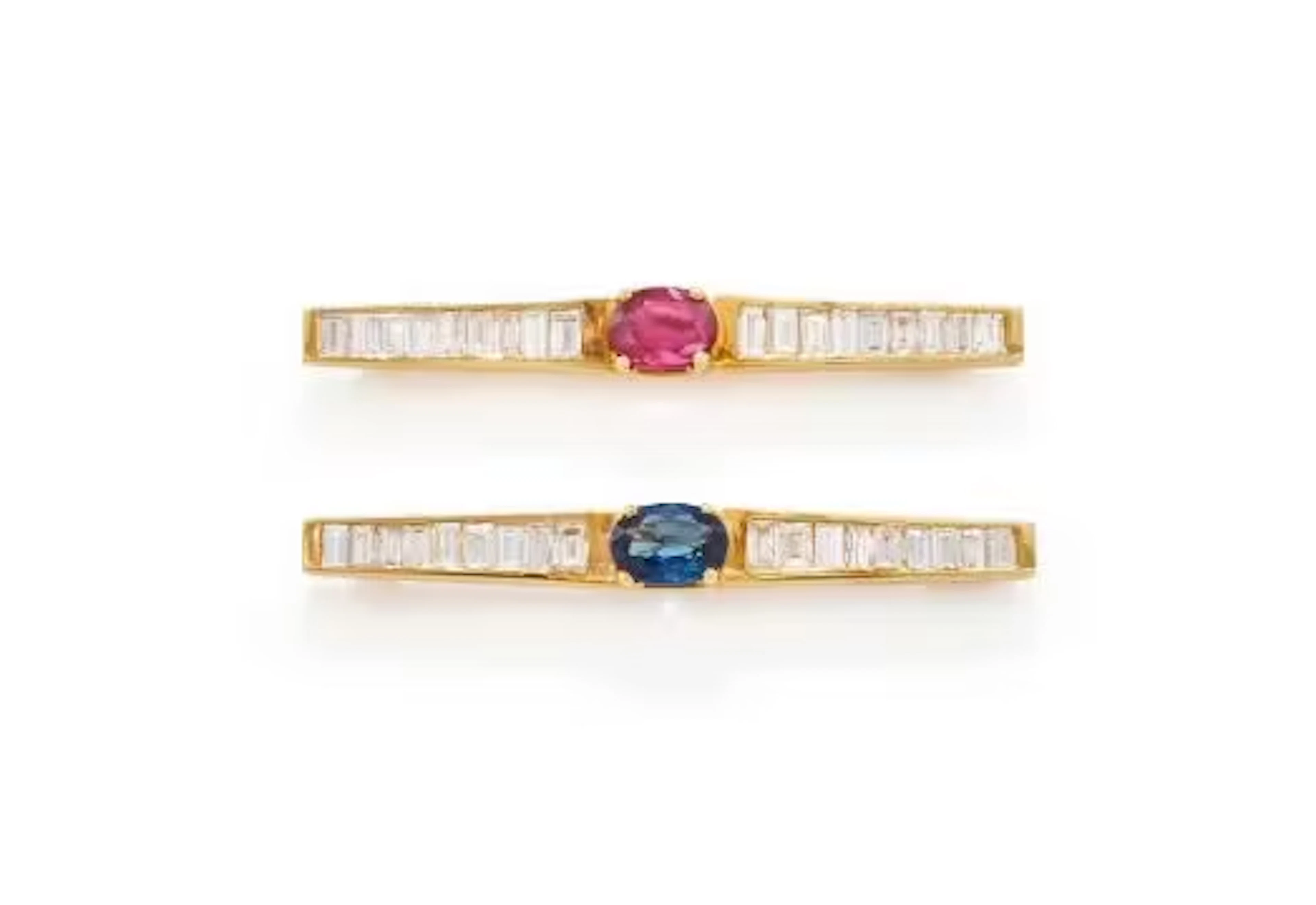 A PAIR OF RUBY, SAPPHIRE AND DIAMOND BAR BROOCHES