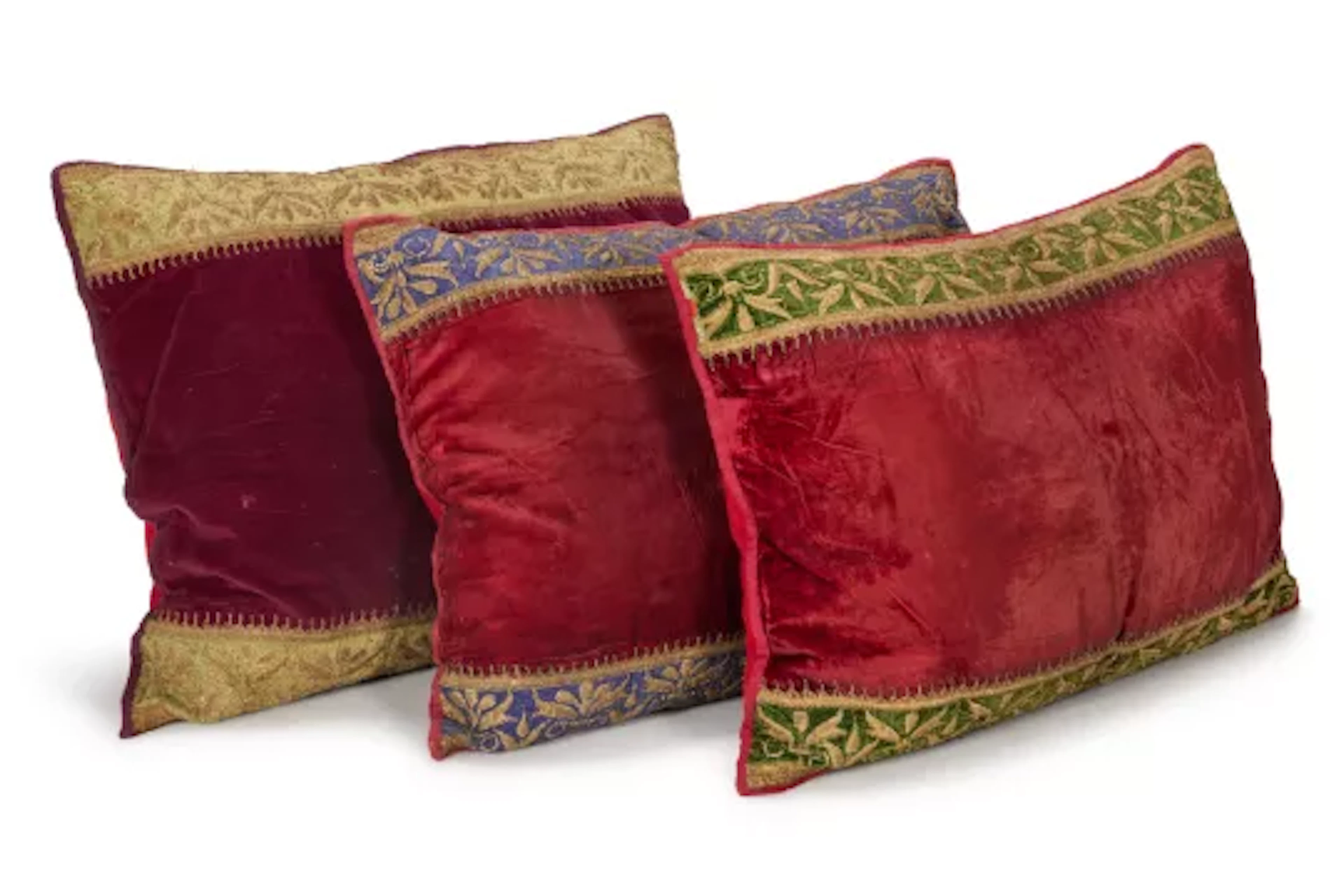 THREE GOLD THREAD EMBROIDERED RED, BLUE AND GREEN VELVET CUSHIONS