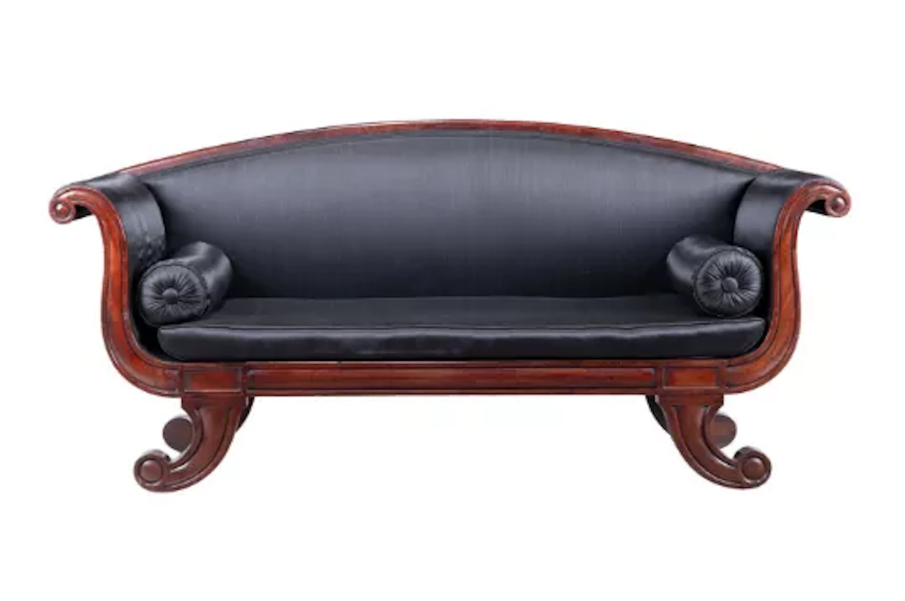 A WILLIAM IV OR EARLY VICTORIAN MAHOGANY AND BLACK FABRIC UPHOLSTERED
