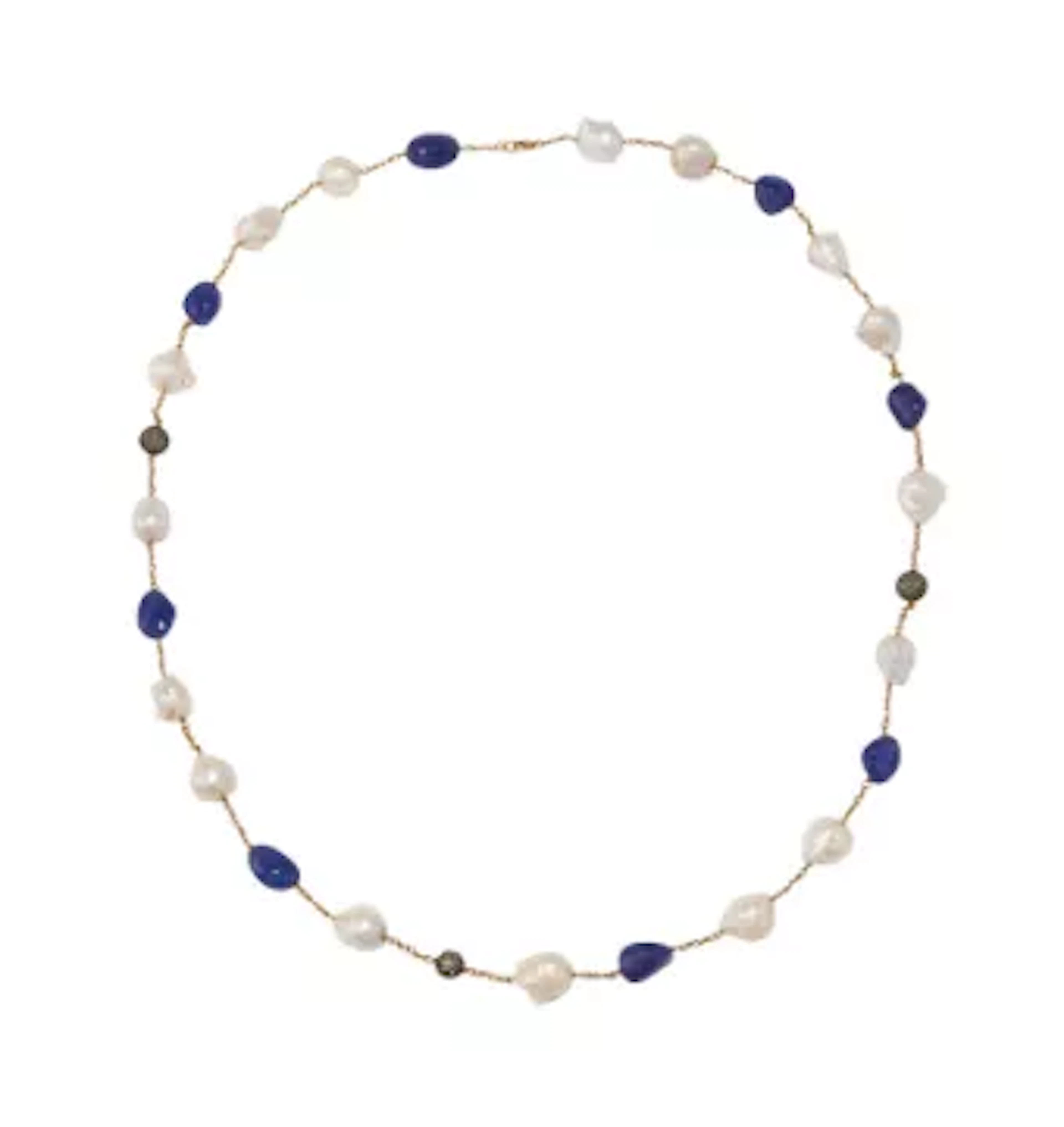 A TANZANITE, DIAMOND AND FRESHWATER CULTURED PEARL NECKLACE