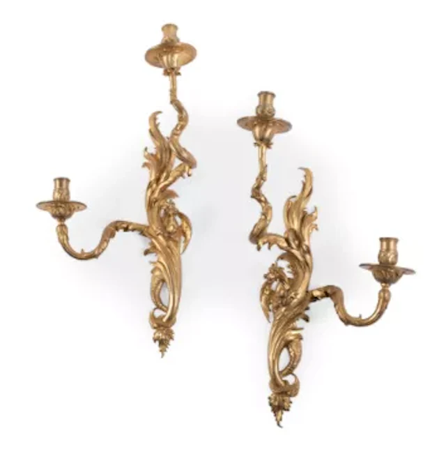 A LARGE PAIR OF ORMOLU TWIN BRANCH WALL LIGHTS, GERMAN OR FRENCH