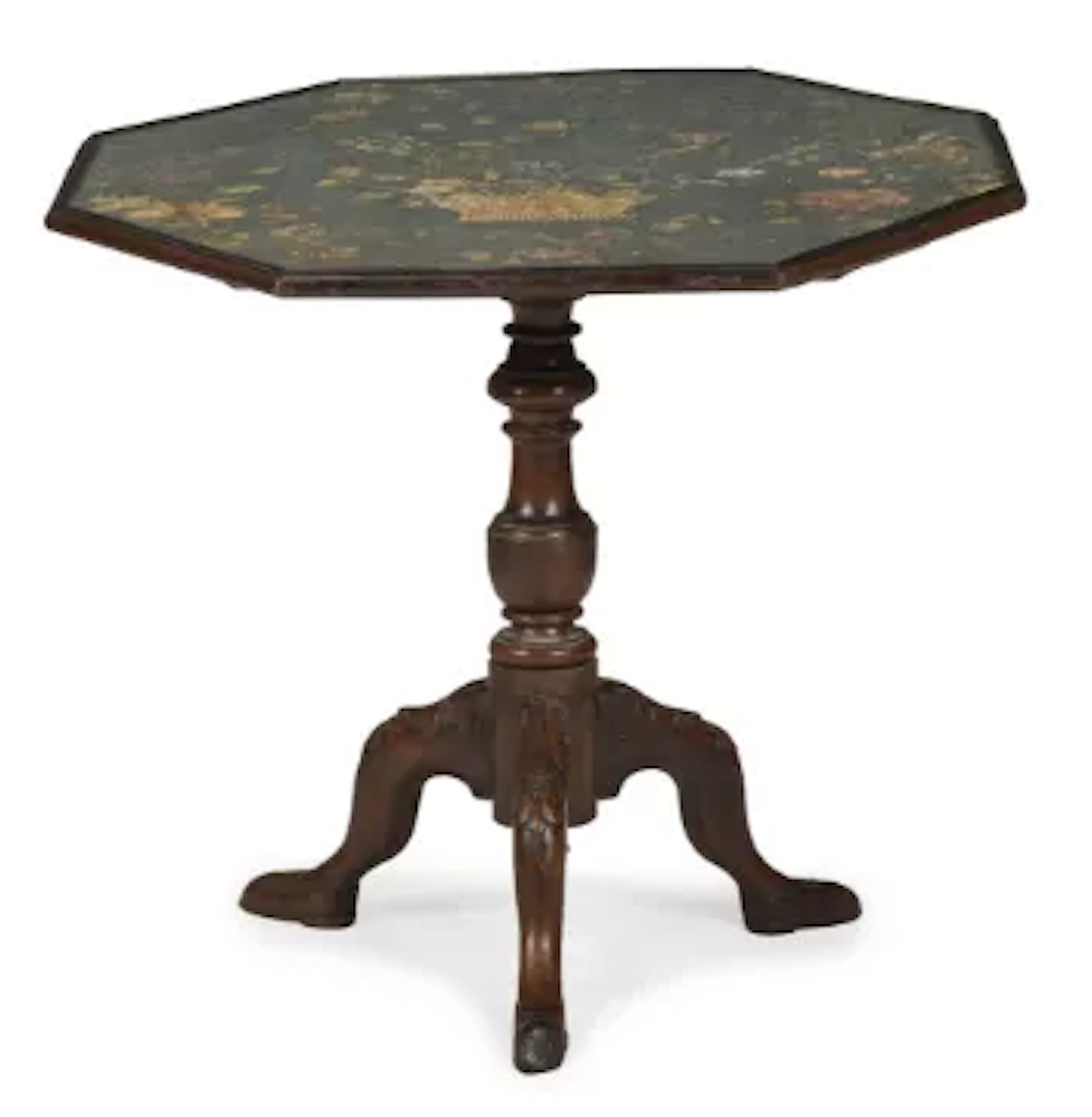 A GEORGE II WALNUT, OAK AND NEEDLEWORK INSET OCTAGONAL TRIPOD TABLE, CIRCA 1740