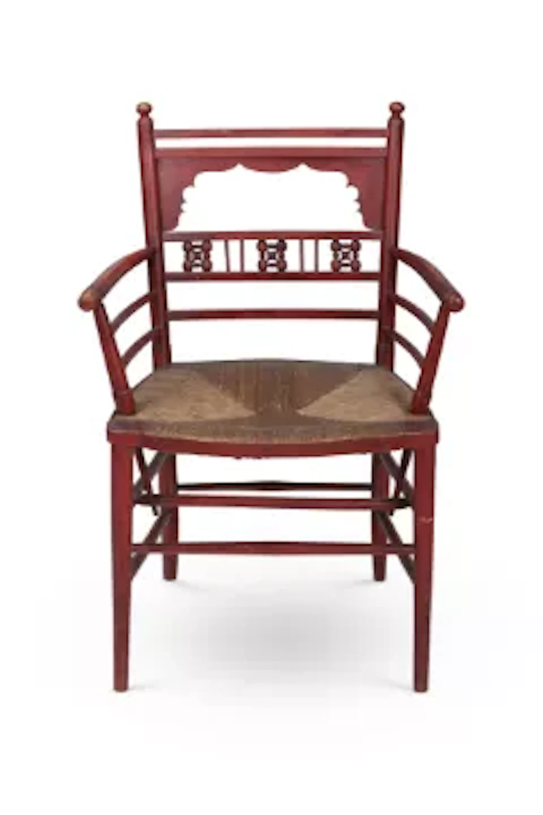 AN ARTS & CRAFTS RED PAINTED 'SUSSEX' STYLE ARMCHAIR, POSSIBLY LIBERTY