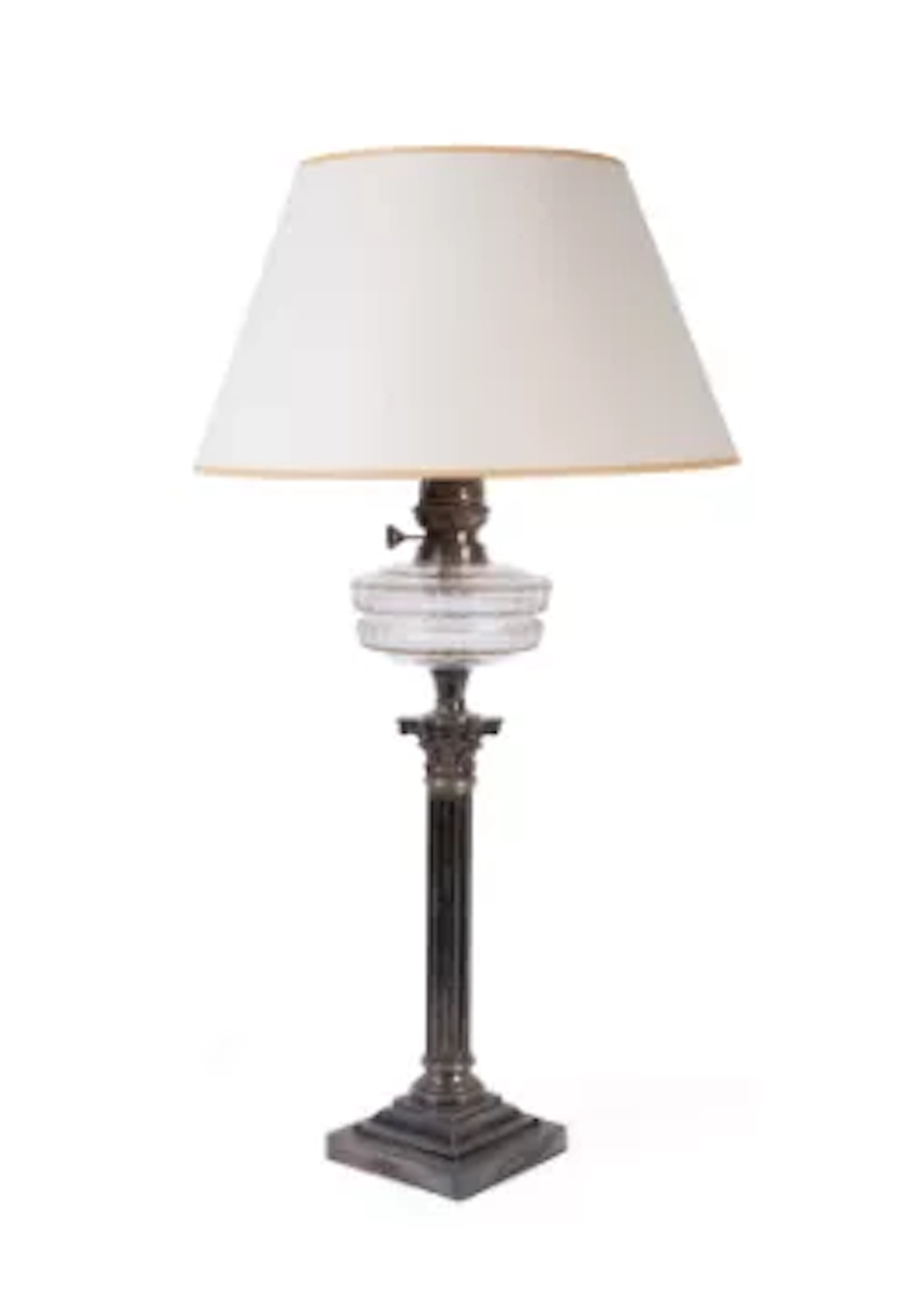 A LATE VICTORIAN GLASS AND SILVER PLATED CORINTHIAN COLUMN TABLE LAMP