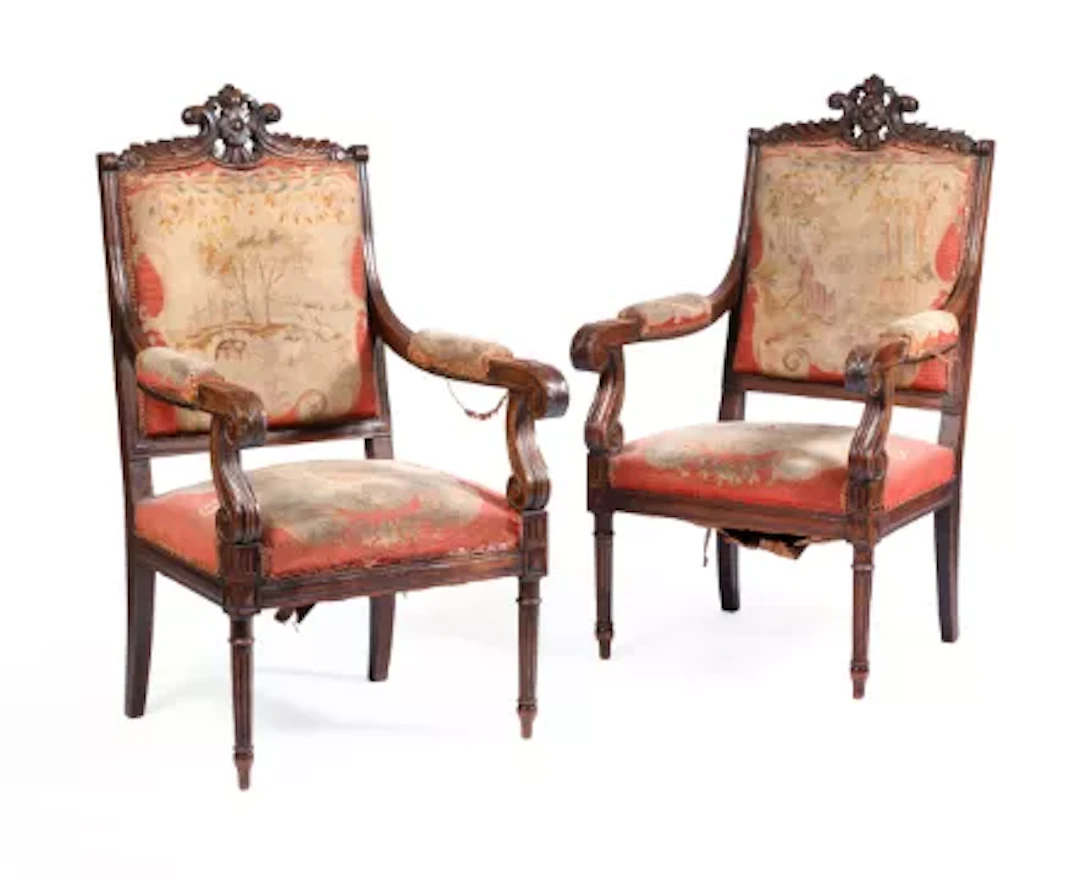 A PAIR OF WALNUT AND TAPESTRY UPHOLSTERED ARMCHAIRS, FRENCH, LATE 19TH CENTURY