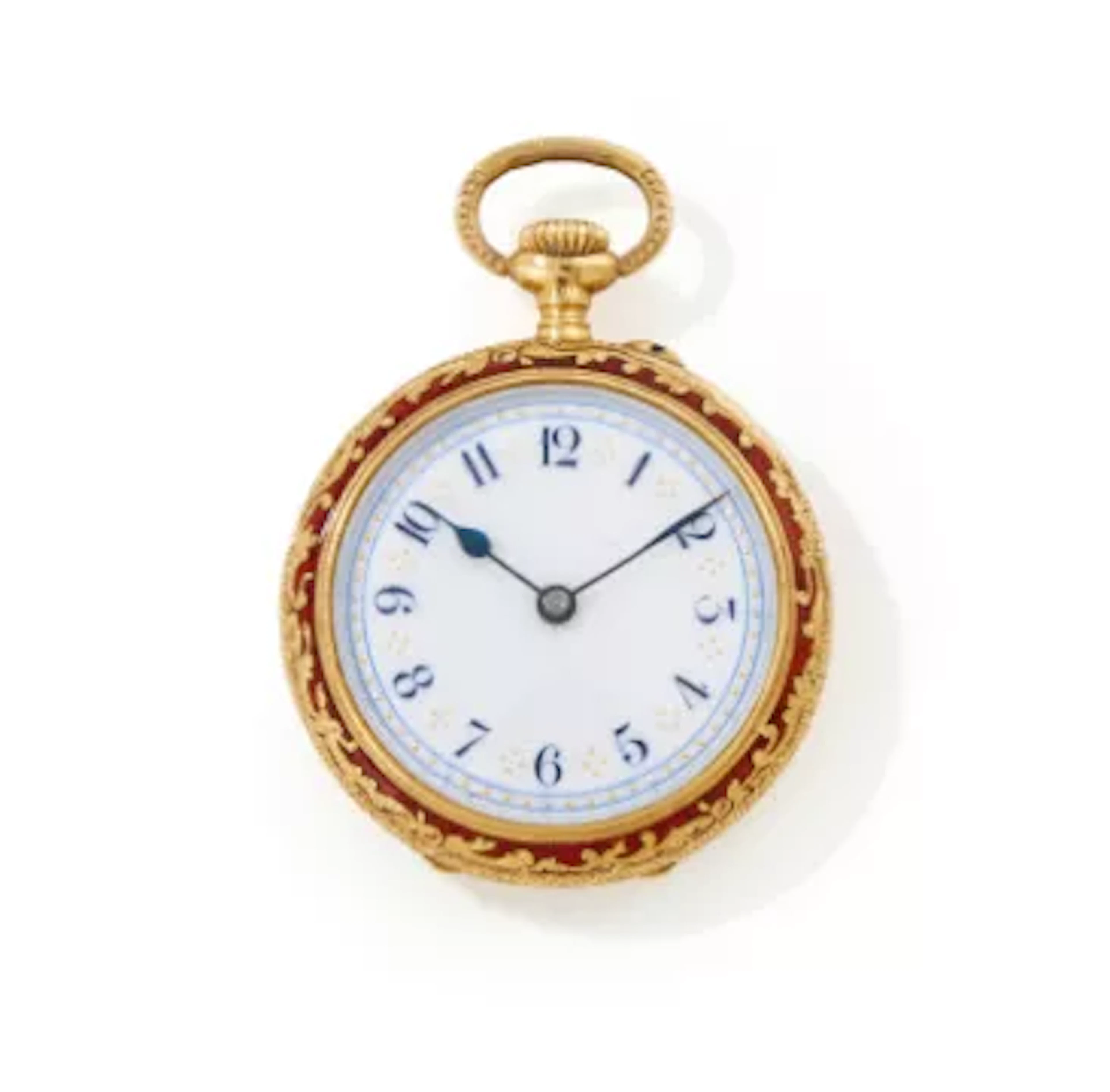 A SWISS 18 CARAT GOLD AND ENAMEL KEYLESS WIND OPEN FACE FOB WATCH