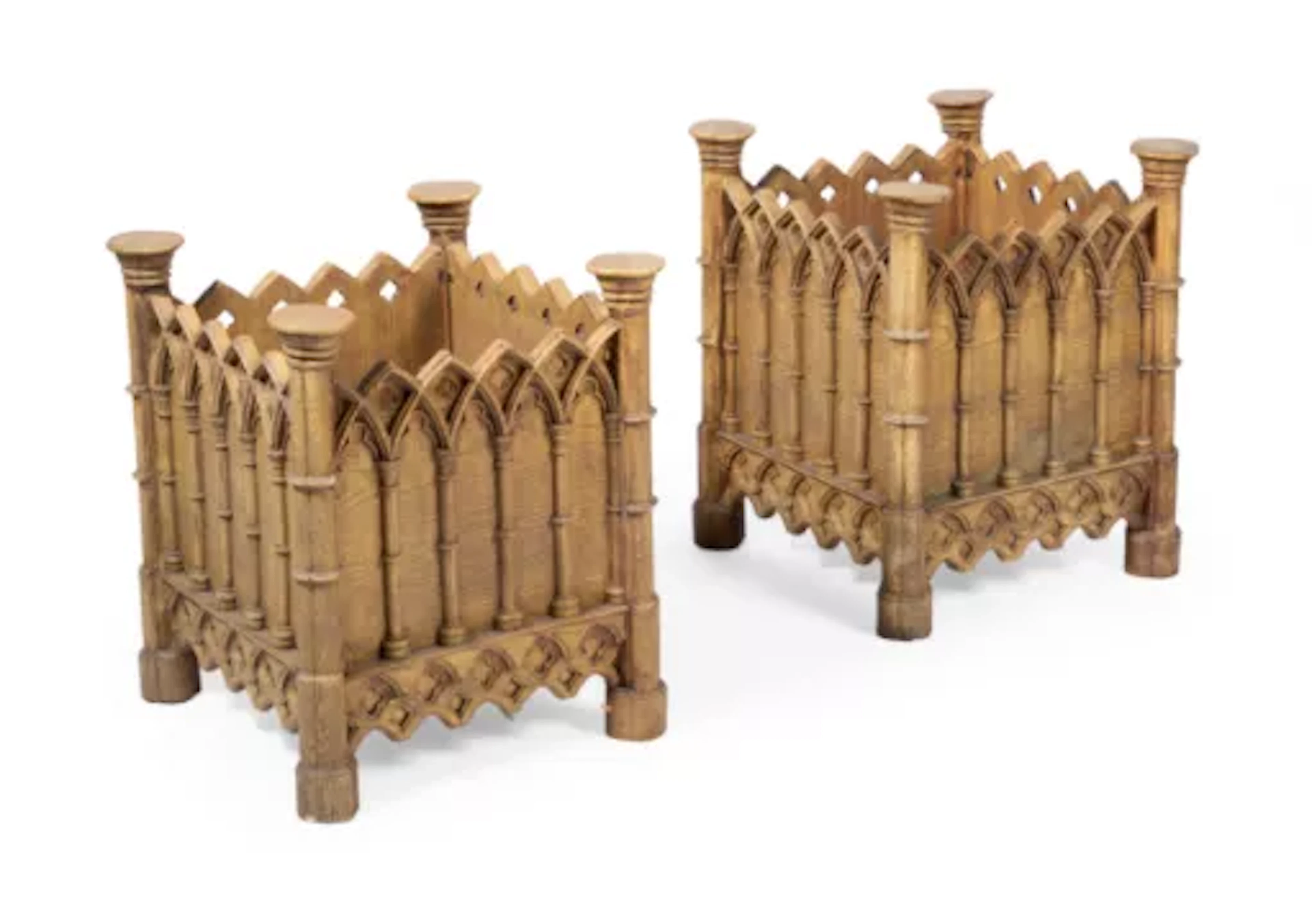 A PAIR OF YELLOW PAINTED ‘GOTHIC’ PLANTERS, LATE 20TH CENTURY