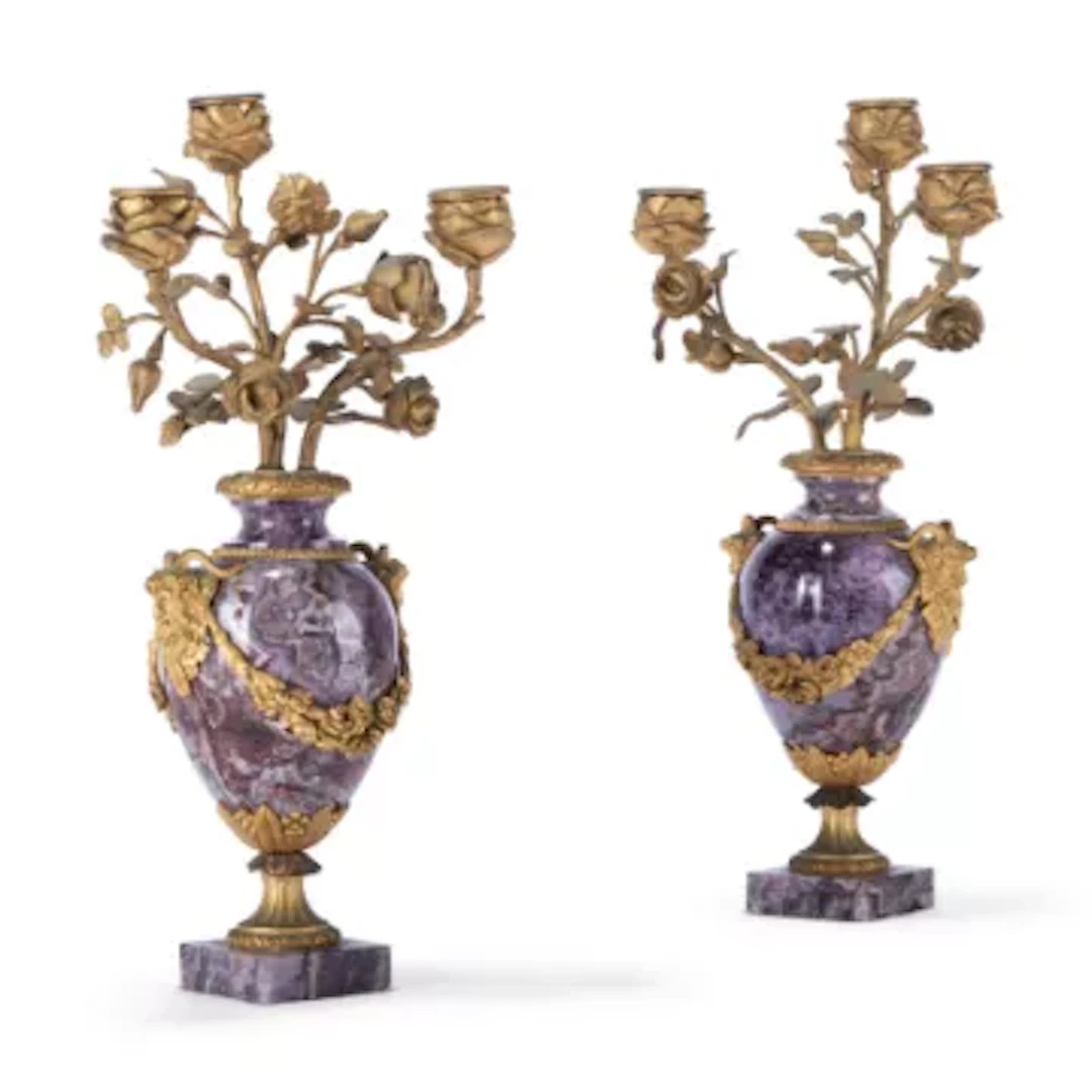 A PAIR OF NAPOLEON III GILT BRONZE MOUNTED STRIATED AMETHYST THREE