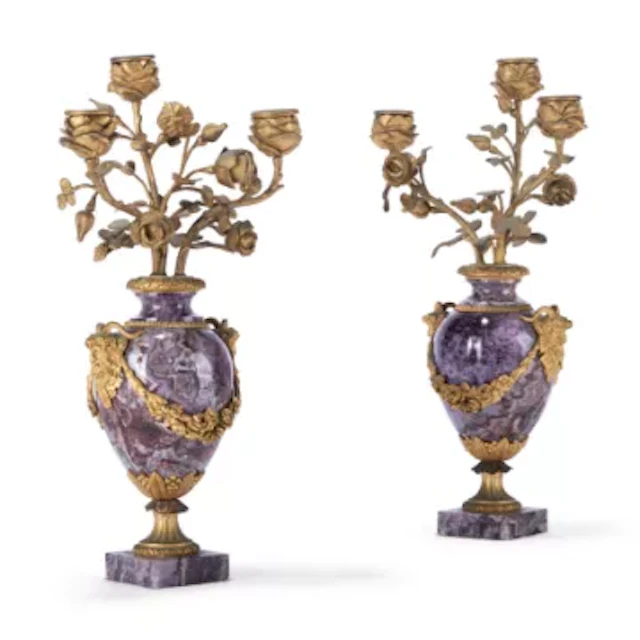A PAIR OF NAPOLEON III GILT BRONZE MOUNTED STRIATED AMETHYST THREE