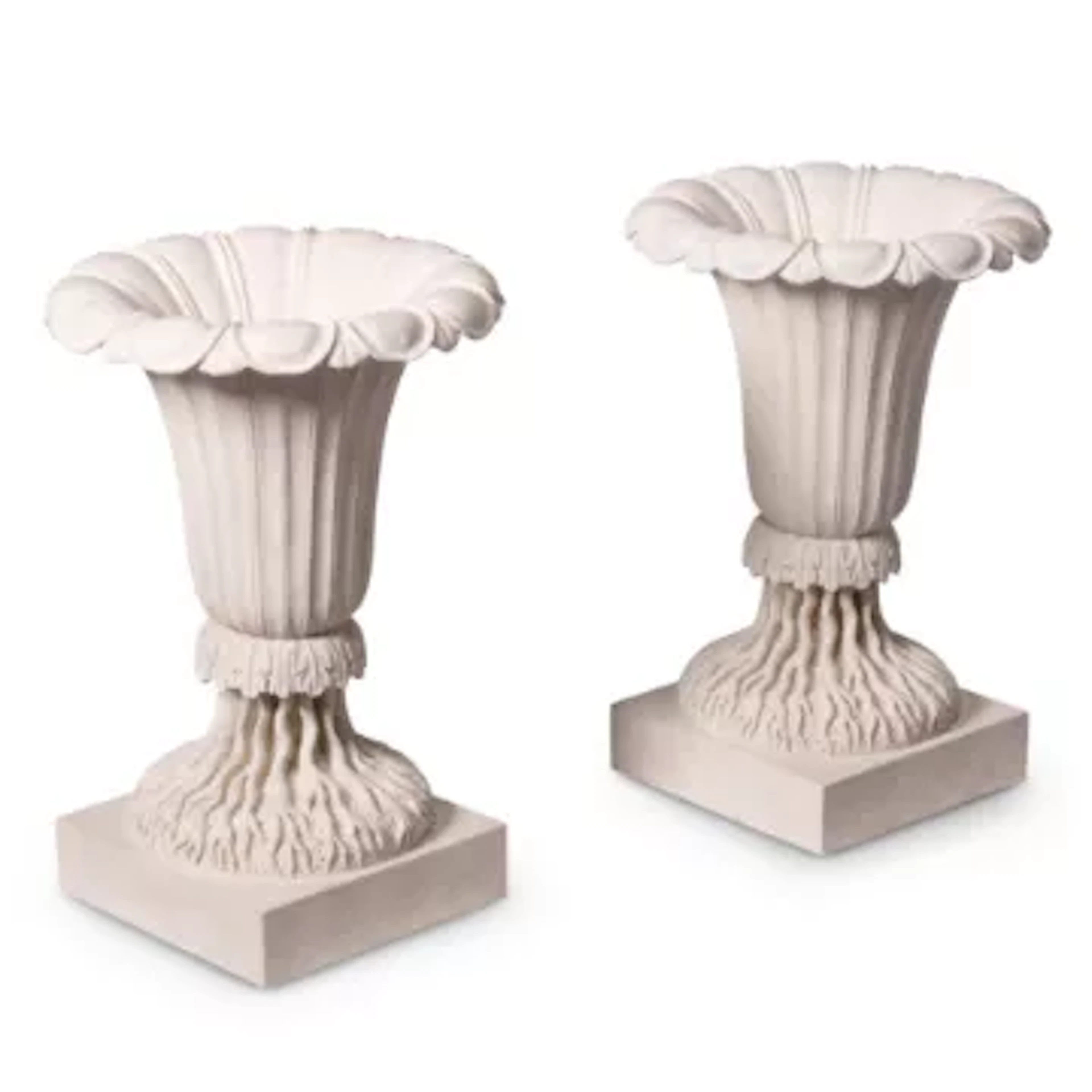 A PAIR OF CARVED WOOD AND GESSO PAINTED URNS OR PLANTERS, CONTEMPORARY
