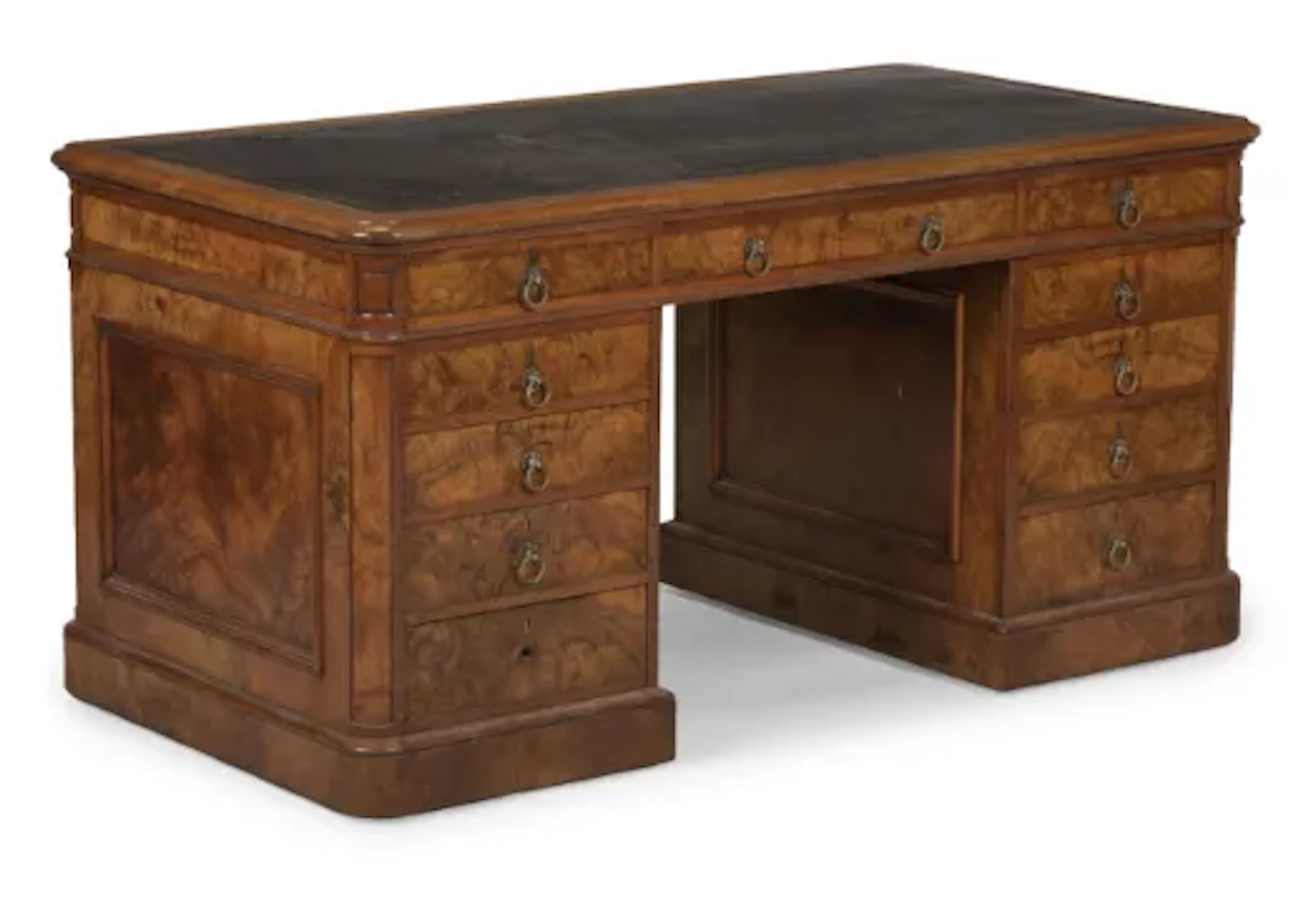 A VICTORIAN FIGURED WALNUT TWIN PEDESTAL DESK, ATTRIBUTED TO HOLLAND