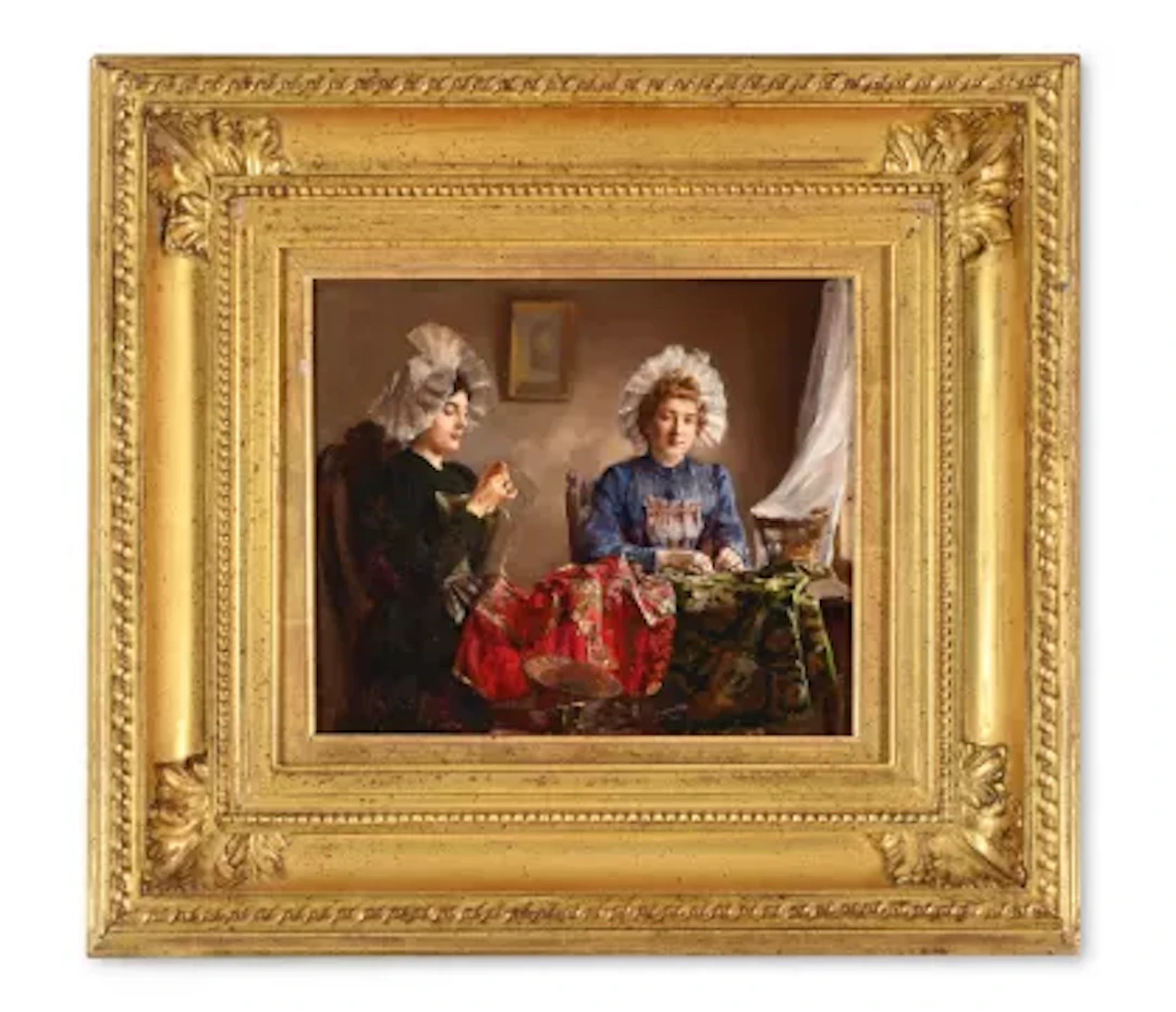 CLAUDE-S. HUGARD (FRENCH 1861-?), TWO WOMEN SEWING IN AN INTERIOR