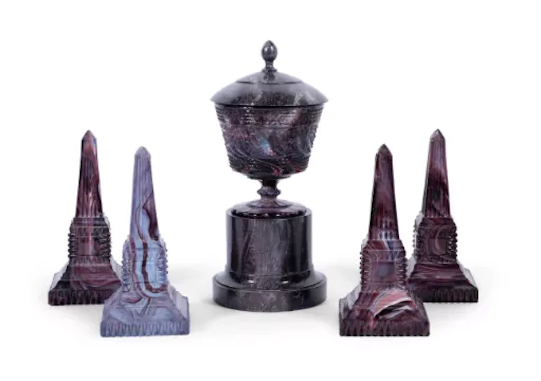 TWO PAIRS OF ENGLISH PRESS-MOULDED 'PURPLE MALACHITE' GLASS OBELISKS