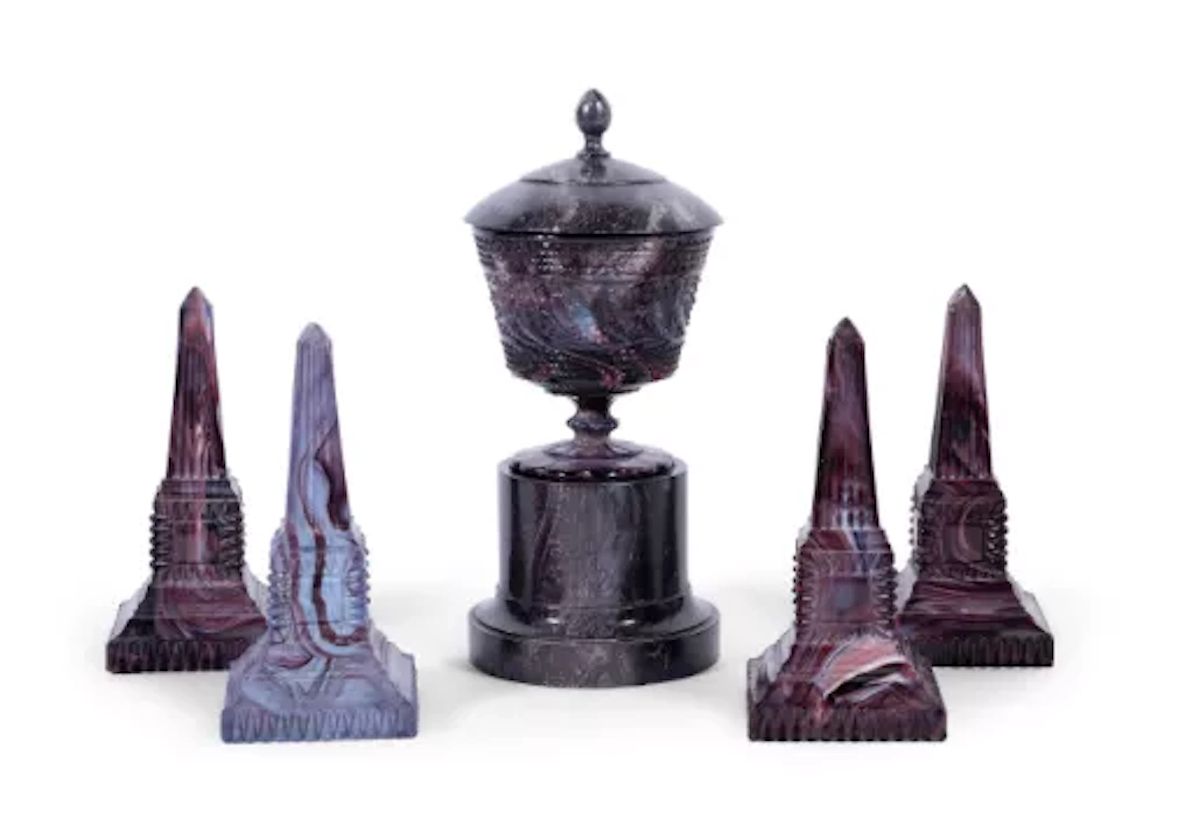 TWO PAIRS OF ENGLISH PRESS-MOULDED 'PURPLE MALACHITE' GLASS OBELISKS