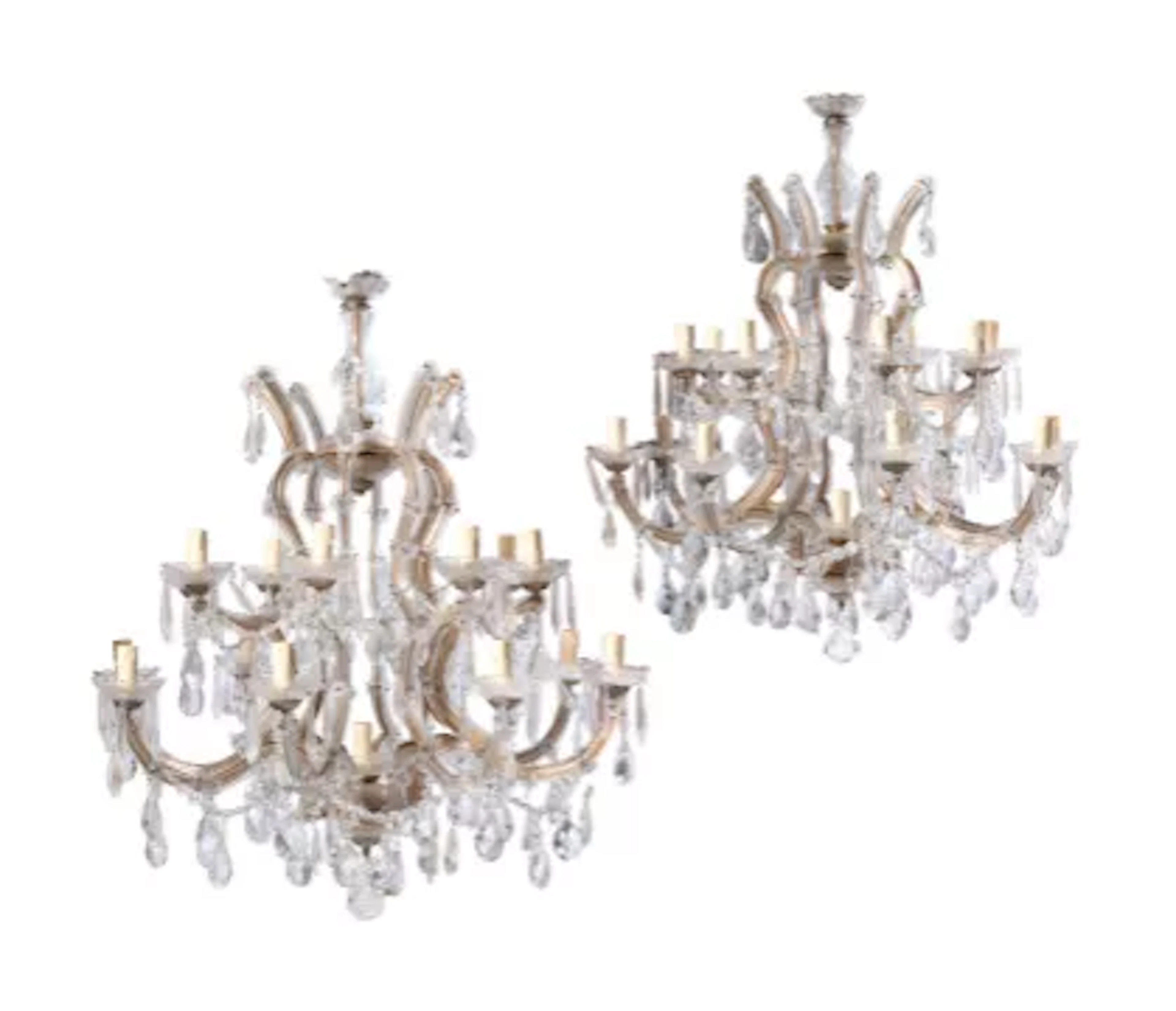 A PAIR OF SIXTEEN BRANCH MOULDED AND CUT GLASS CHANDELIERS, IN THE