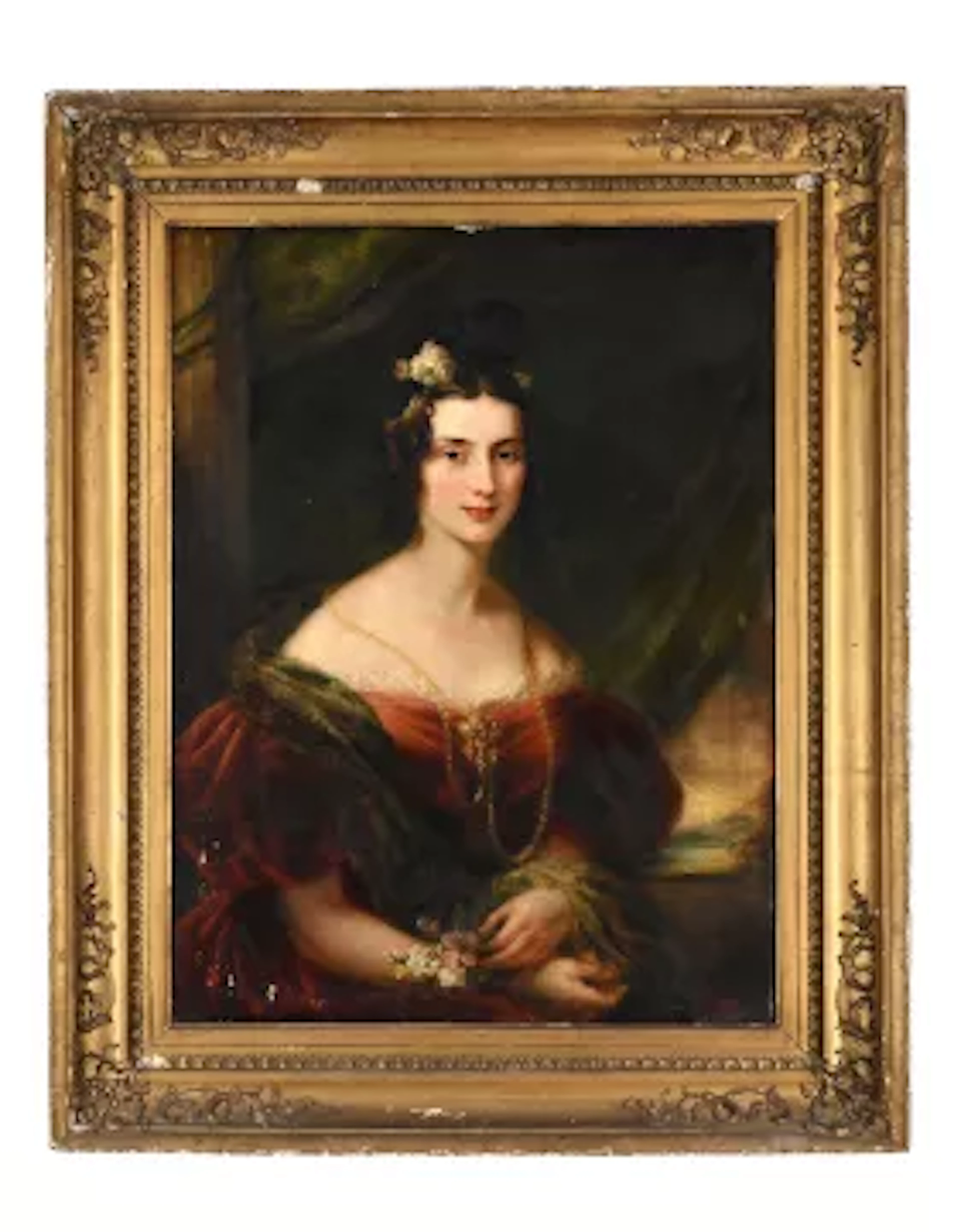 FOLLOWER OF THOMAS LAWRENCE, PORTRAIT OF A LADY HOLDING A POSY OF FLOWERS