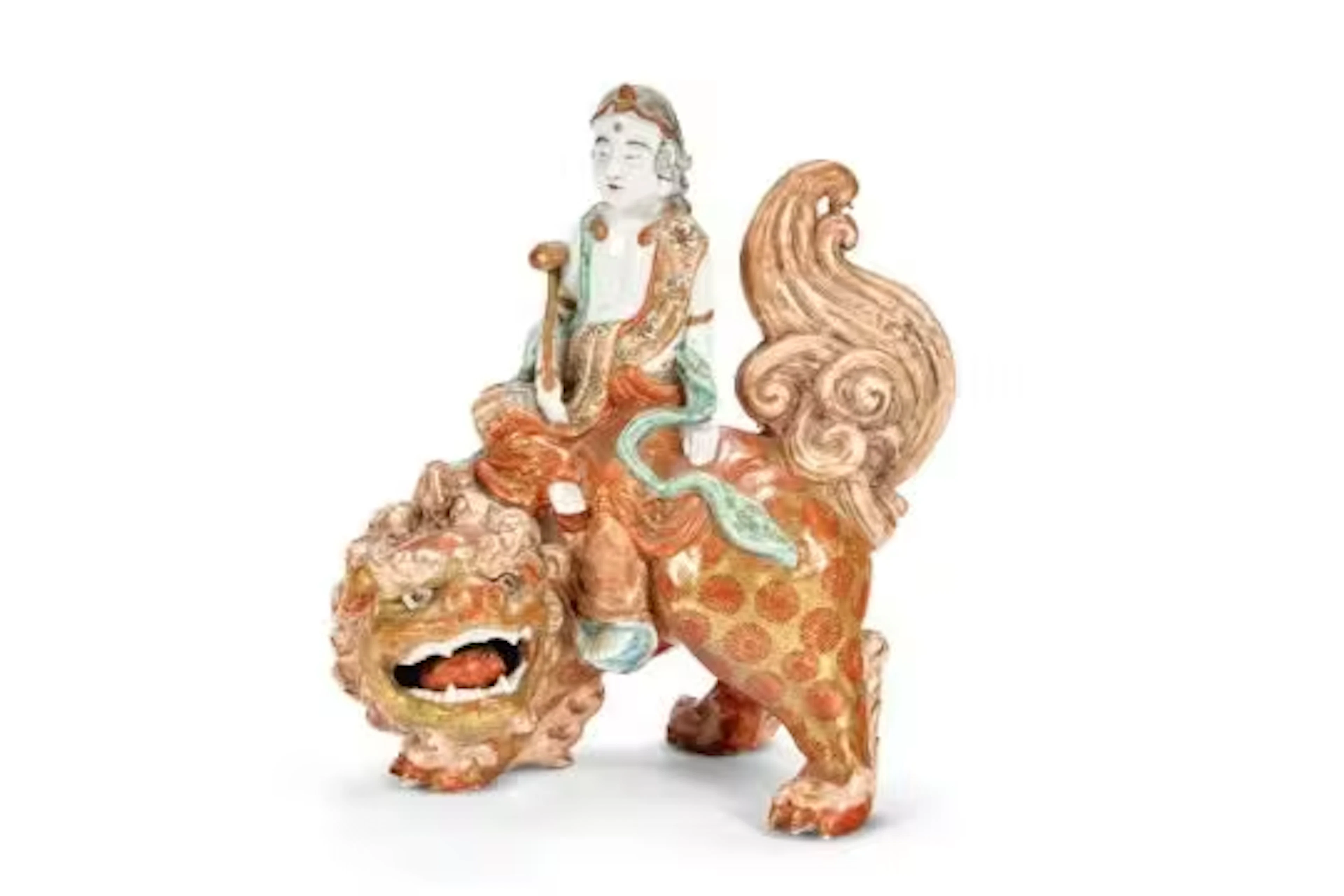A KUTANI PORCELAIN MODEL OF BODHISATTVA SHISHI AND MONJO BOSATSO SEATED