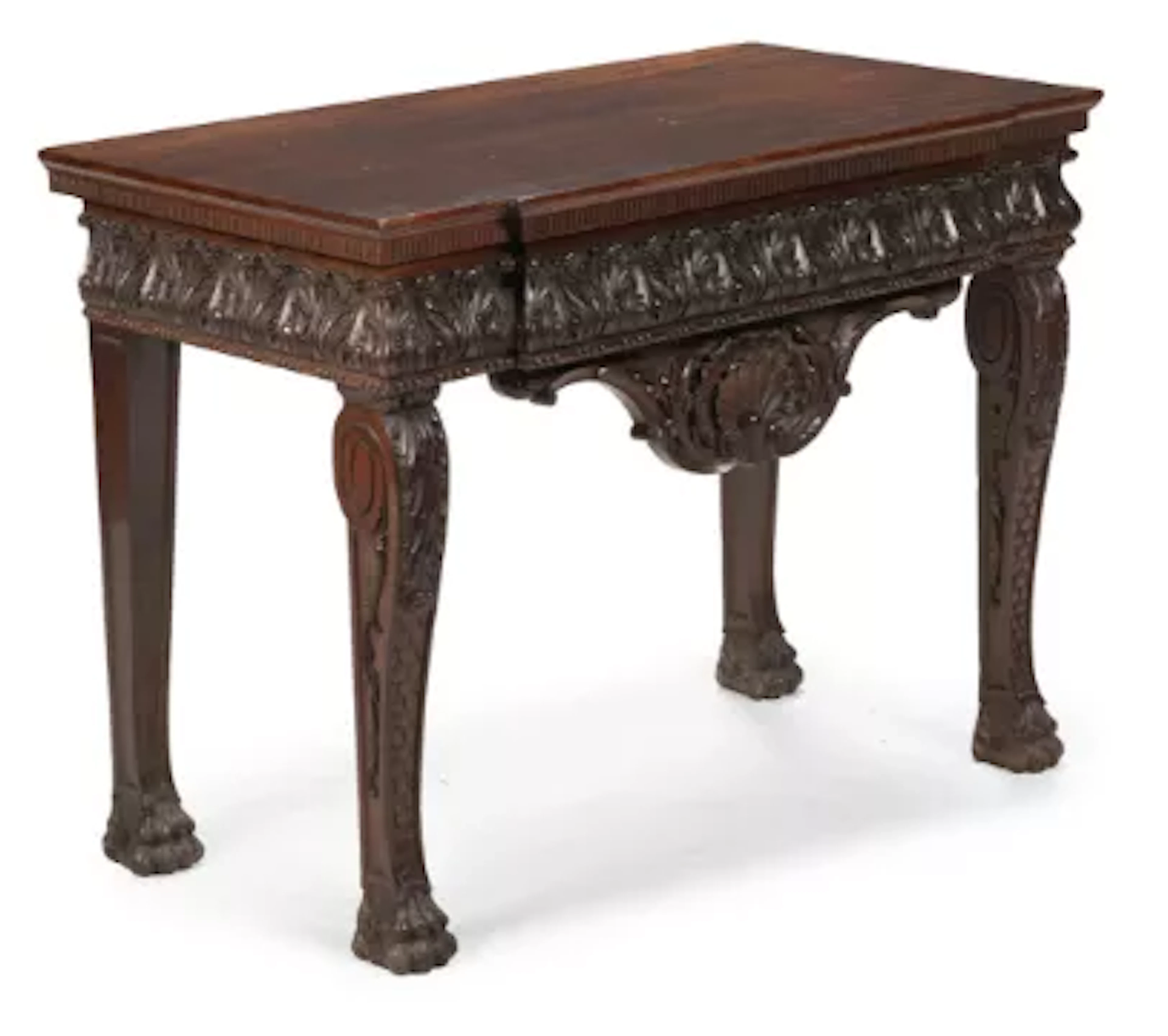 A CARVED MAHOGANY CONSOLE OR HALL TABLE, LATE 19TH OR EARLY 20TH CENTURY