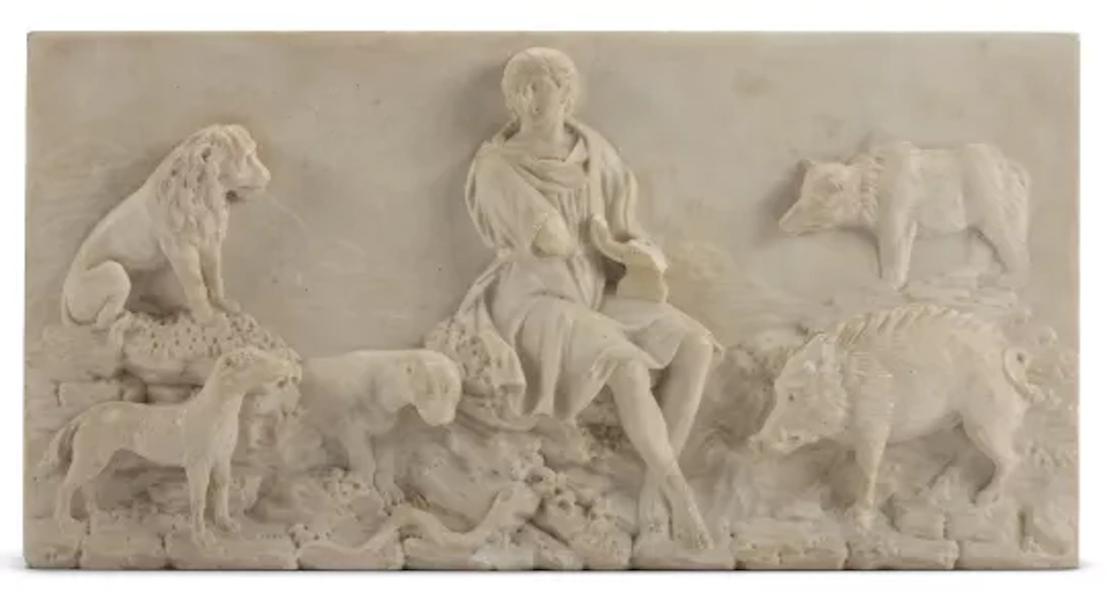AN UNUSUAL REGENCY MARBLE CHIMNEYPIECE TABLET OF ORPHEUS CHARMING