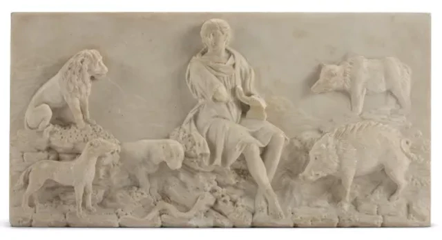 AN UNUSUAL REGENCY MARBLE CHIMNEYPIECE TABLET OF ORPHEUS CHARMING