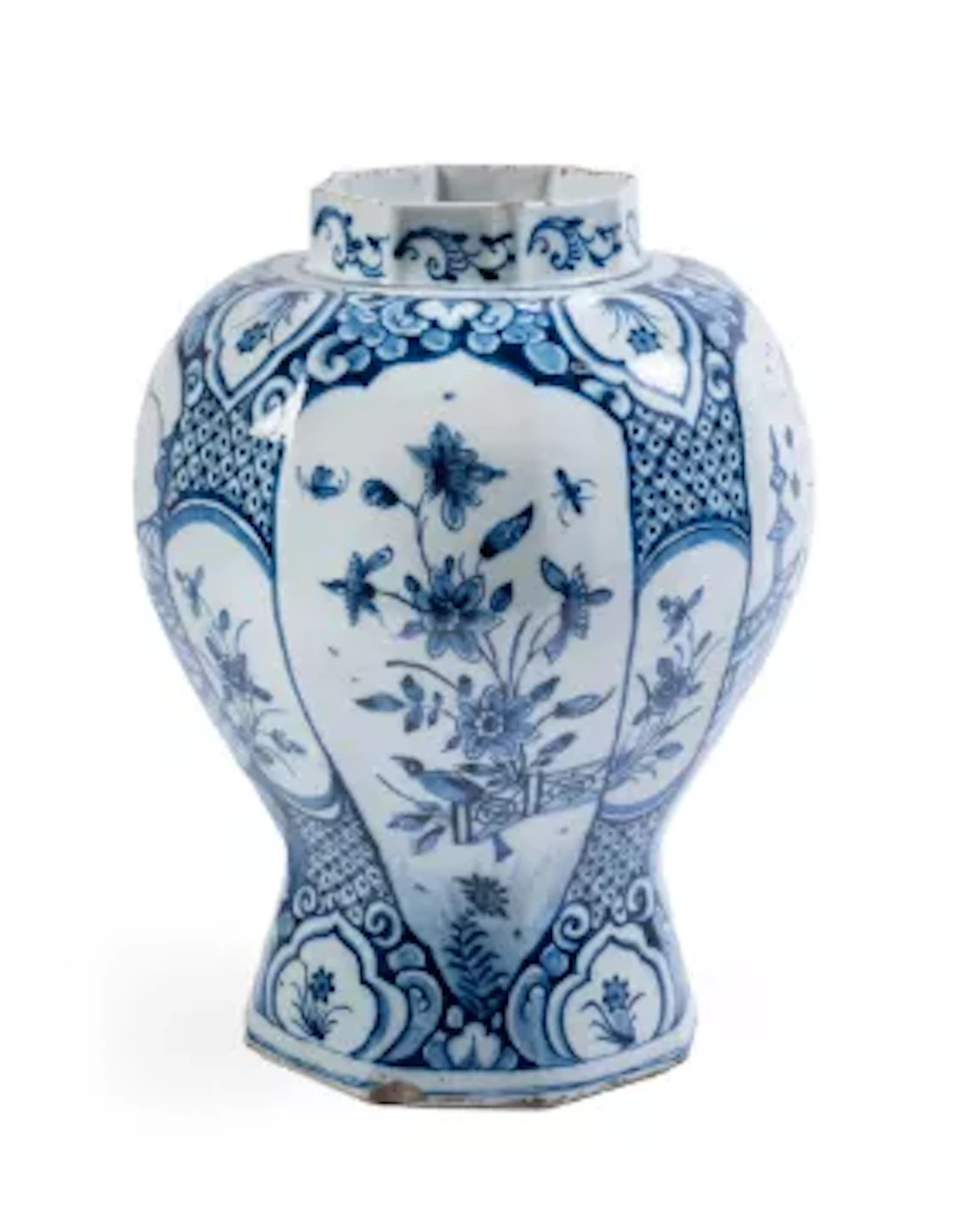 A DUTCH DELFT BALUSTER BLUE AND WHITE OCTAGONAL SECTION VASE, MID 18TH CENTURY