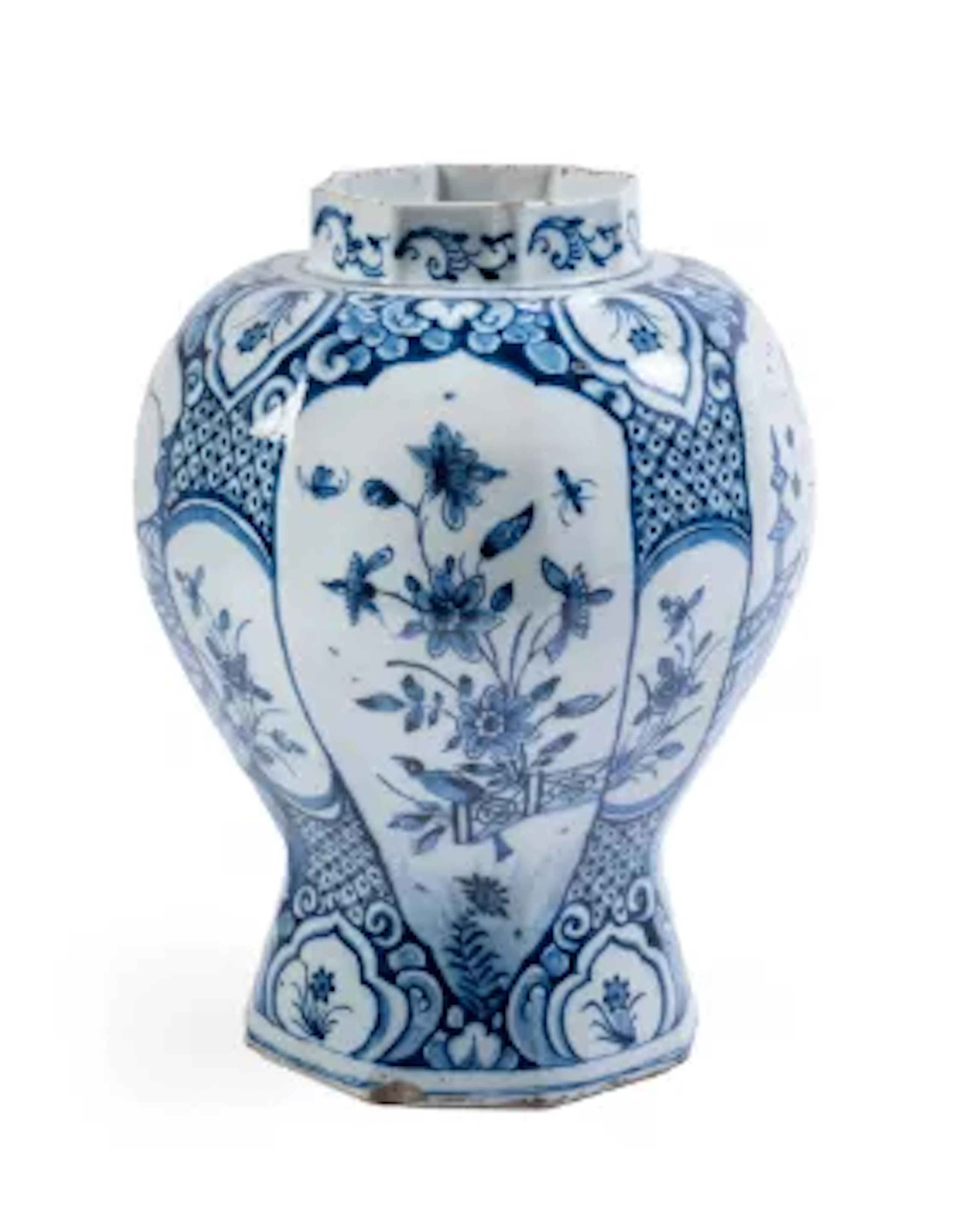 A DUTCH DELFT BALUSTER BLUE AND WHITE OCTAGONAL SECTION VASE, MID 18TH CENTURY