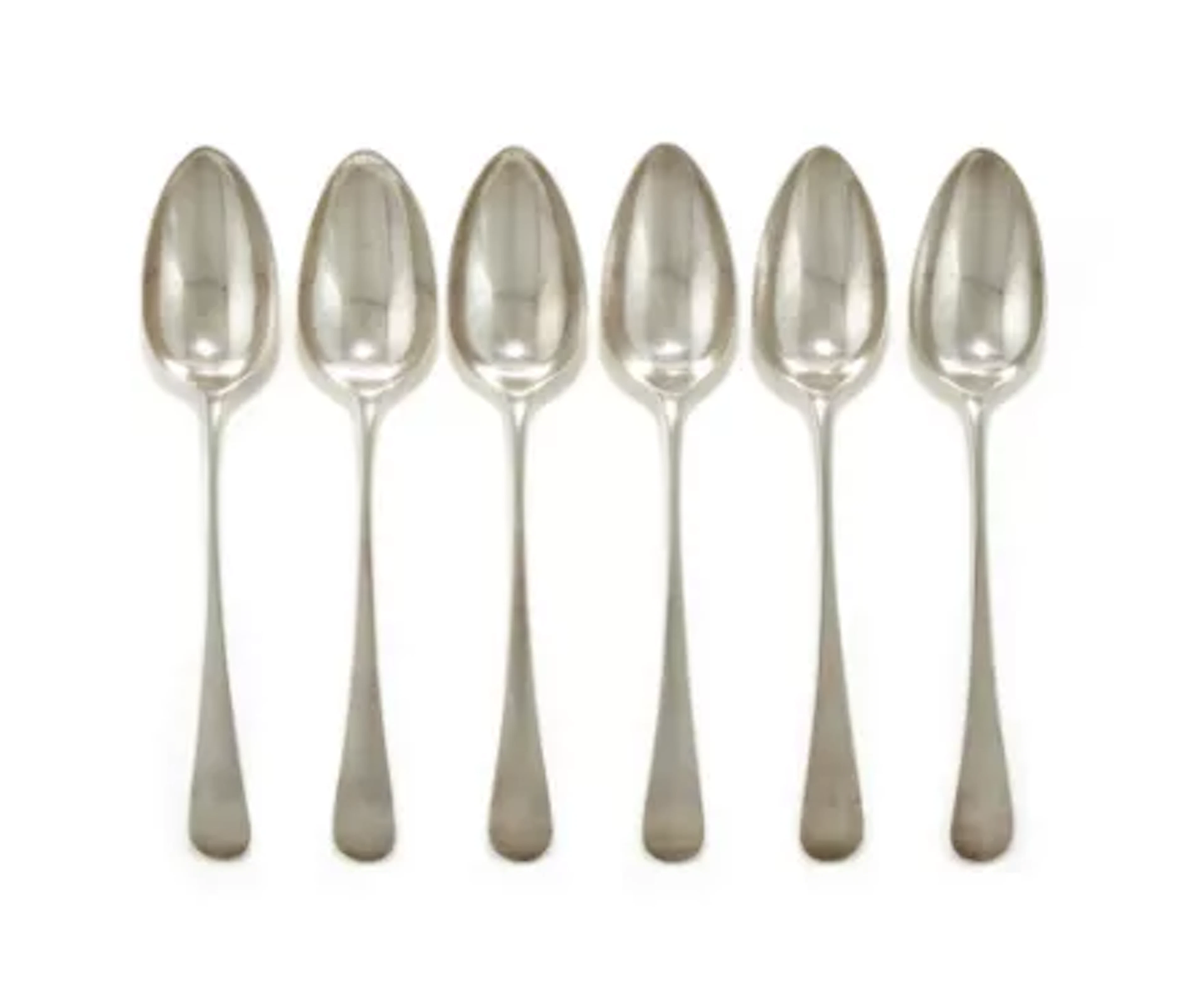 A SET OF SIX GEORGE III SILVER OLD ENGLISH PATTERN TABLE SPOONS, PETER