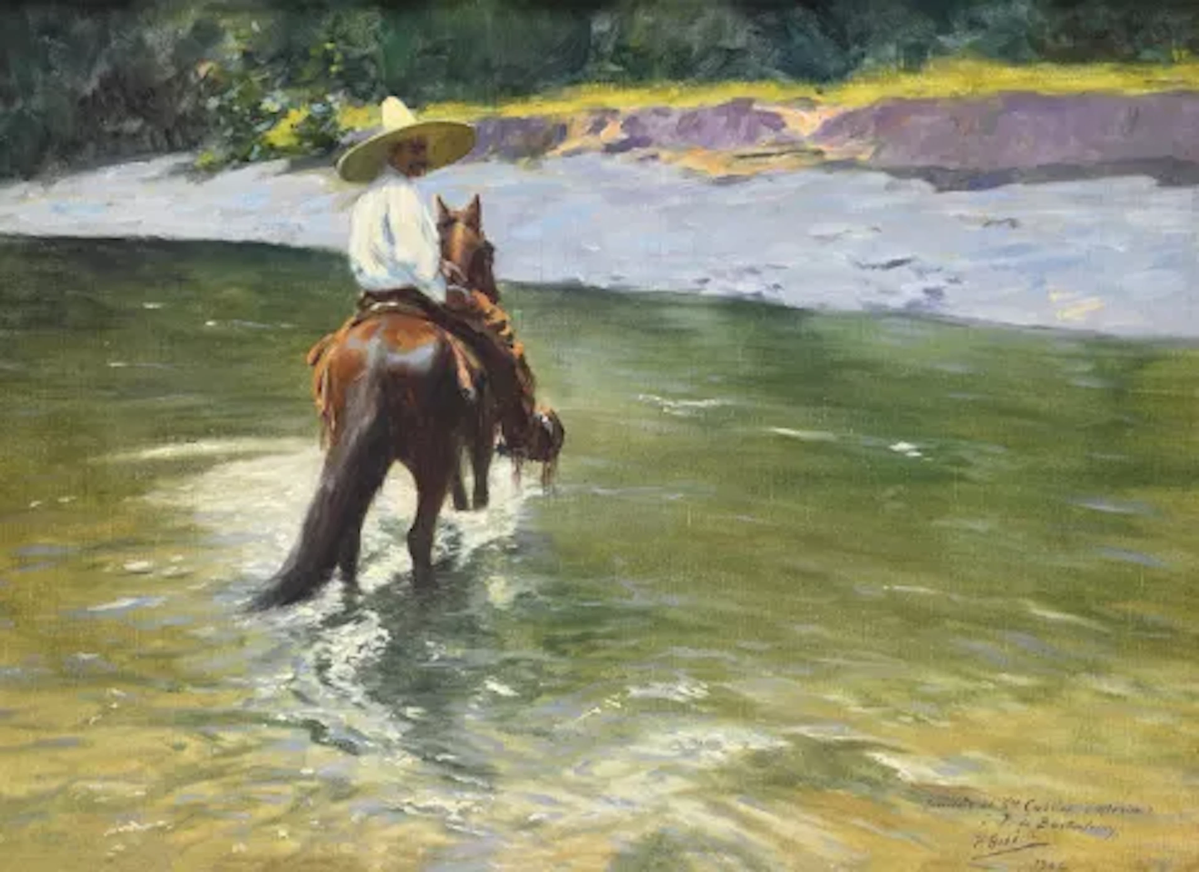 PEDRO RIBERA (SPANISH 1867-1949), FIGURE ON A HORSE FORDING A RIVER