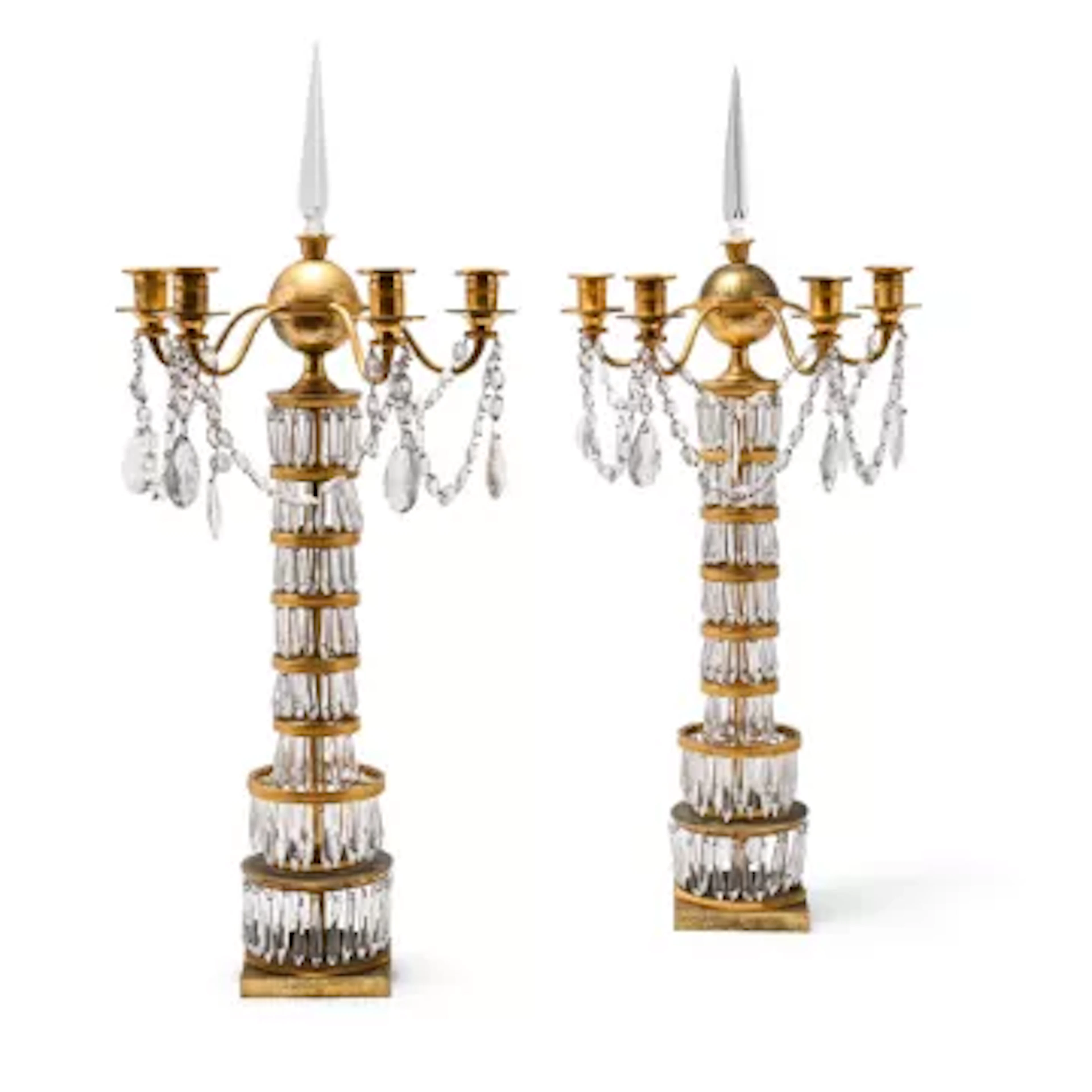 A PAIR OF NORTH GERMAN GILT BRONZE MOUNTED CRYSTAL GIRANDOLES OR TABLE
