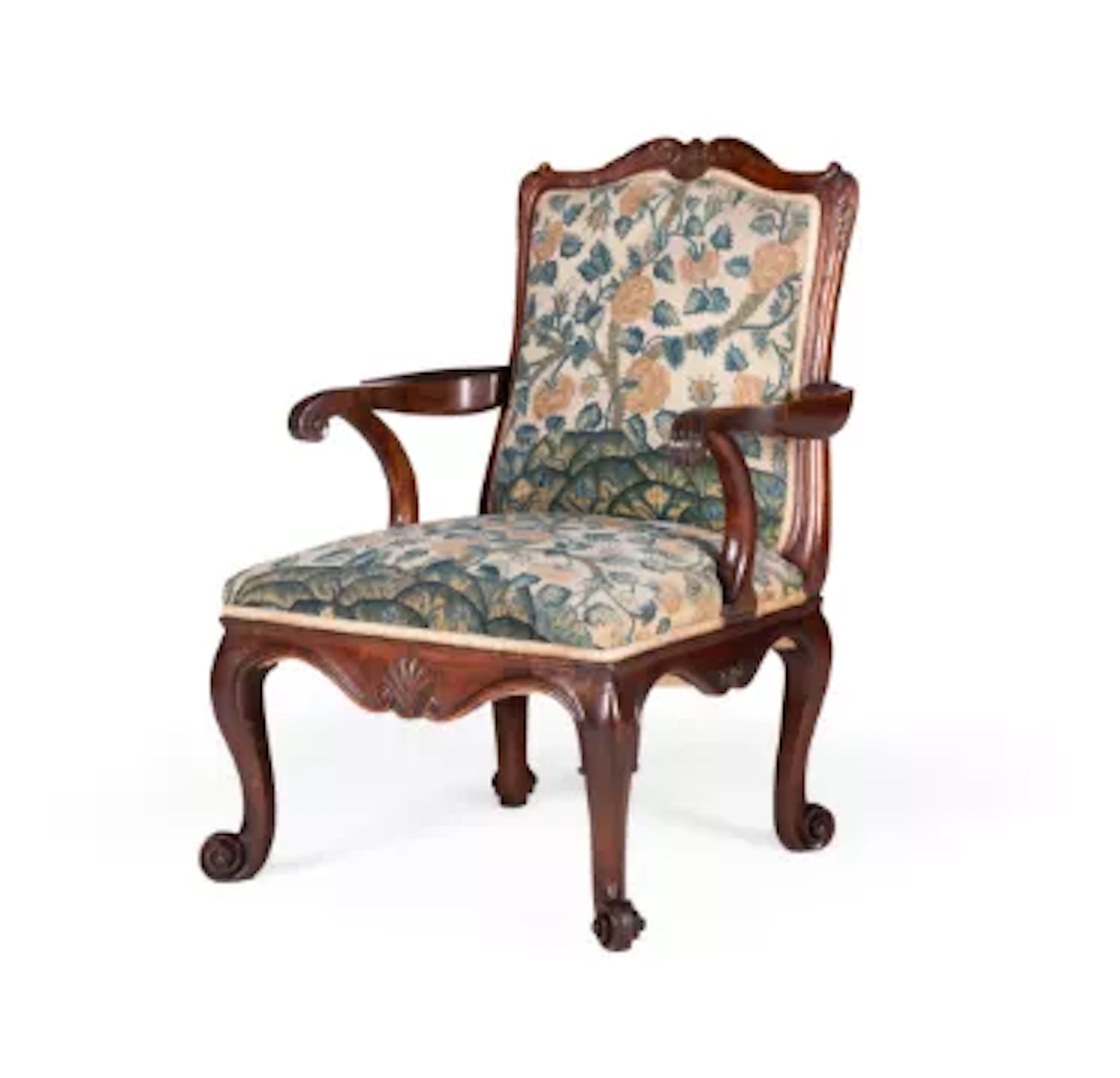 A GEORGE II 'RED WALNUT' AND NEEDLEWORK UPHOLSTERED ARMCHAIR, CIRCA 1750