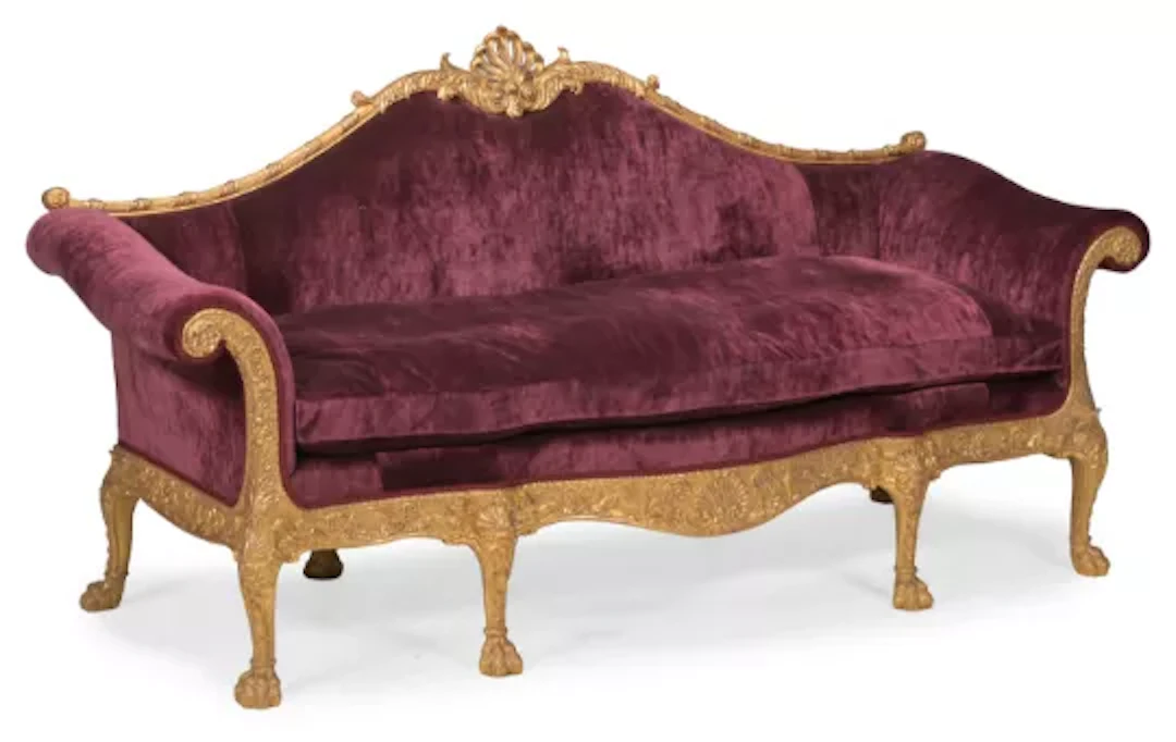 A CARVED GILTWOOD AND VELVET UPHOLSTERED 'DUNDAS' SOFA, IN GEORGE