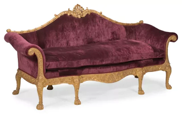 A CARVED GILTWOOD AND VELVET UPHOLSTERED 'DUNDAS' SOFA, IN GEORGE