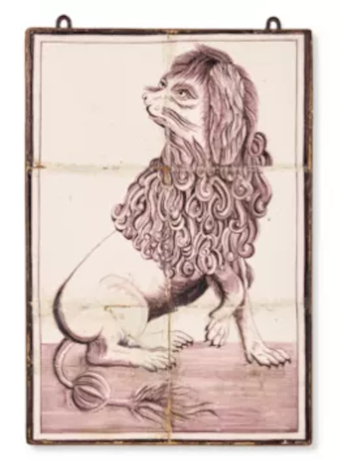 A DUTCH DELFT MANGANESE SIX PANEL TILE PANEL PAINTED WITH A PARTIALLY