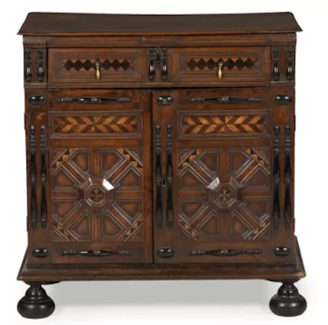 Y A CHARLES II OAK AND PARQUETRY ENCLOSED CHEST OF DRAWERS, PROBABLY